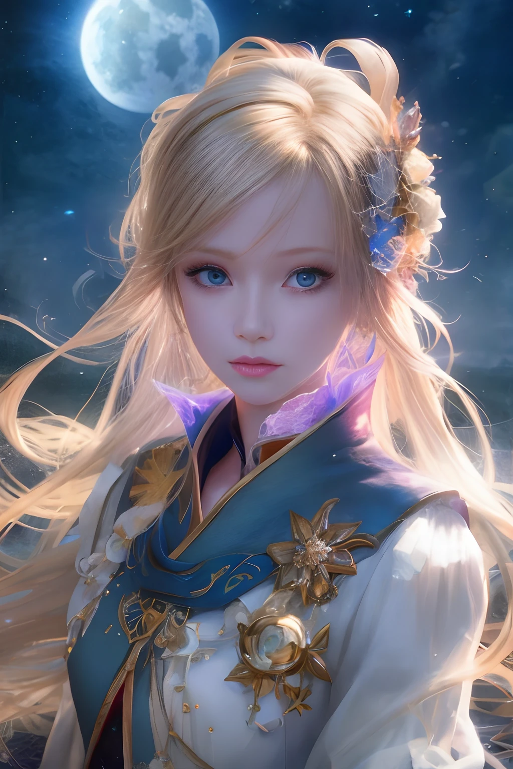 Woman with blonde hair,eBlue eyes,The background is the full moon, Portrait Chevaliers du Zodiaque Fille, Beautiful celestial mage, Anime fantasy illustration, by Yang J, knights of zodiac girl, Fantasy art style, Guviz, digital fantasy art ), Fanart Meilleure ArtStation, Beautiful digital artwork, rossdraws portrait, Detailed digital anime art, rossdraws sakimimichan
