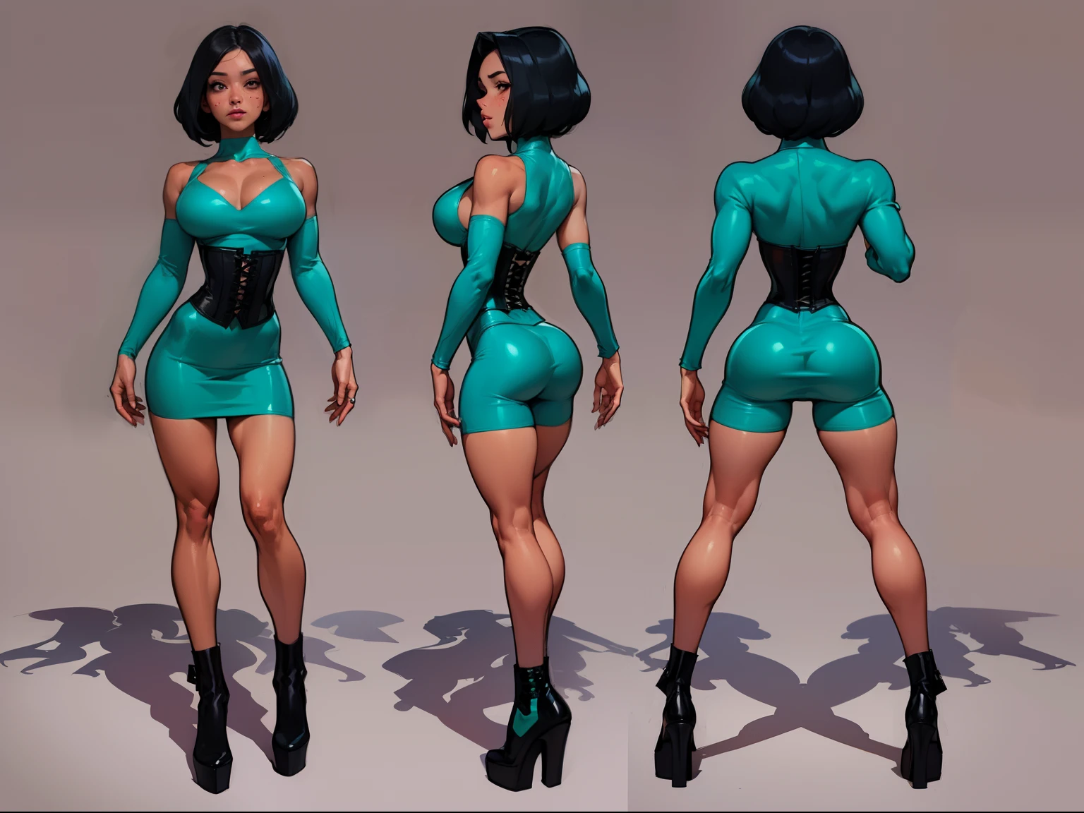 ((masterpiece)),(((best quality))),((character design sheet)), ((full body view)) illustration,1girl, muscular, ((tight green dress:1.2)), buttercup, blue black hair, greendress ((detailed face:1.4)) beautiful woman, blunt bobcut, (black corset:1.2)shiny skin, scribbles and marks, , rough sketches, pose, 8k,16k, (simple background, white background: 1.3)