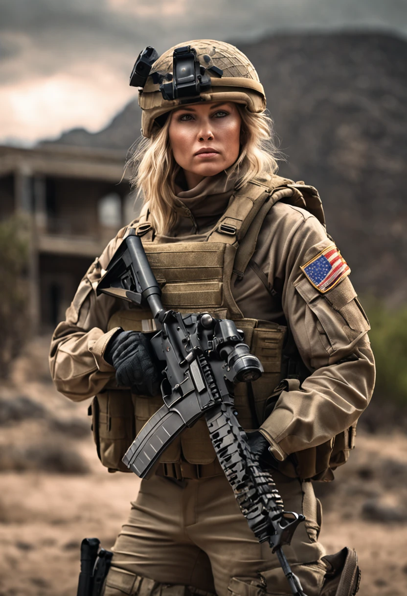 cinematic battlefield in afghanistan, a ultra-detailed hyperrealistic photography of a beautiful 25 years old american soldier woman, (blonde hair with extra long wavy), blue eyes, american aesthetics, short hair, night, curvy, beautiful curves, army aesthetics, special forces outfit, high emphasis on detail, style Semi Impasto, matte painting, atmospheric, glowing, dramatic lighting, beautiful eyes, symmetric eyed, perfect eyes, by Magali Villeneuve, wet, moist, reflection, (masterpiece) ( Perfect proportions) (realistic photos) (highest quality) (detail) shot taken by Canon EOS R5, 50mm lens, f/2.8, HDR, (8k) (wallpaper) (movie lighting) (dramatic lighting) (sharp focus) (complex) fashion, special forces, captain, american military, armed with 2 pistols, in combat, realistic uniform, multicam, fit, chest protection, united states military, camouflaged, multicam, american patter, bulletproof vest, covered skin, bullet rpoof vest, vest, weapon, gun, m4a1, m4a1 sopmod, special forces, combat zone, team leader, captain, united states military, officer, special forces, green berets, explosions, battle damage,