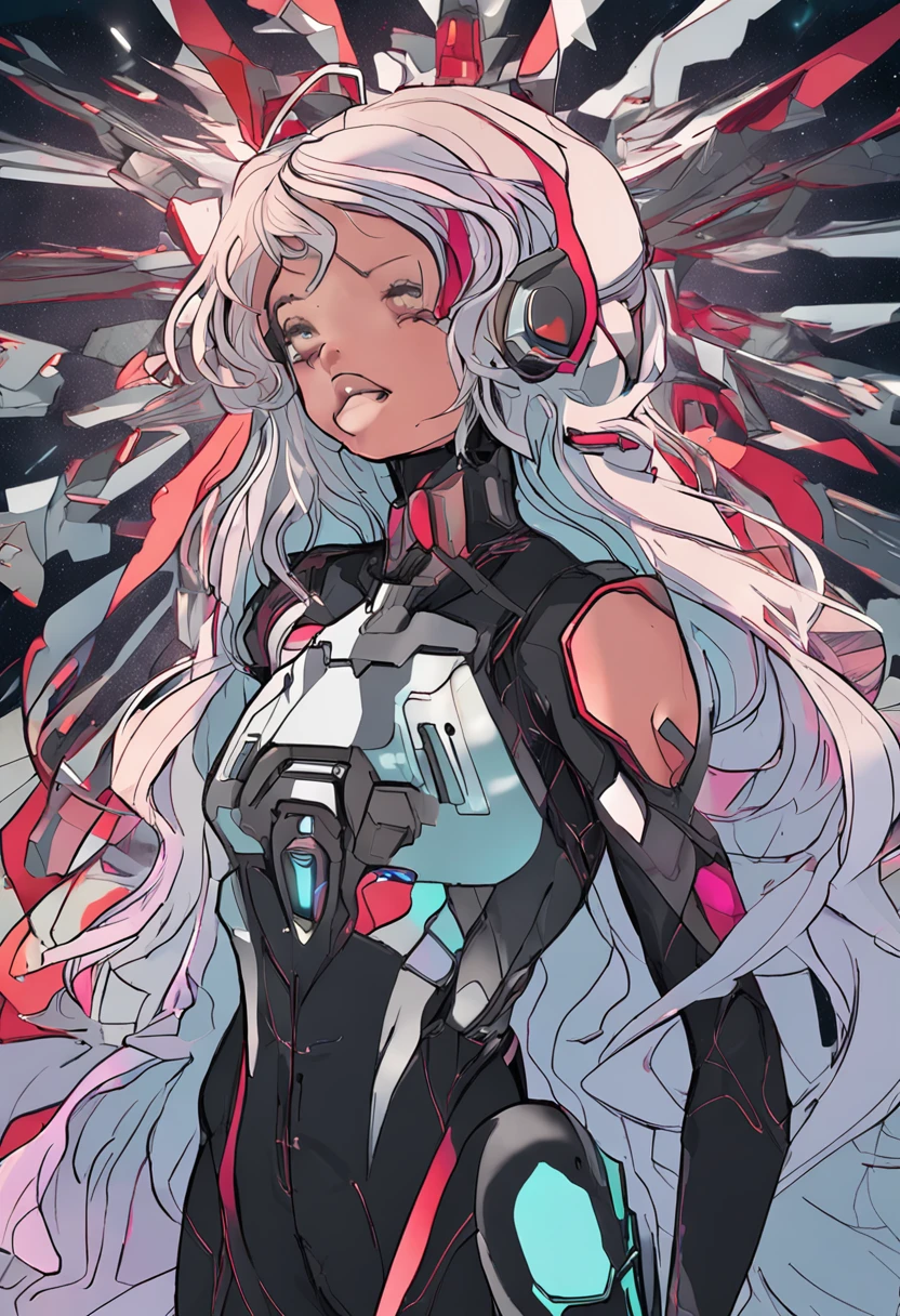 Beautiful woman,tmasterpiece, Top quality, Kizi, Slim, Rainbow eyes, Hair color, Irridescent color, Long Hair Spreads, white skinned, mediating, adolable, Raised sexy, Halo, Near the future, 比基尼, Body Skin not exposed,wearing cyber space suite, psychedelia, Trip, Highly colored, paisley, Highly colored, Cyberspace, cyber punk perssonage, Mandala Theme, eye shadows, False lashes, Blushlush, Mechanical left arm, ssmile, full bodyesbian,in a panoramic view,Side Front view,Facing Audience,turning around
