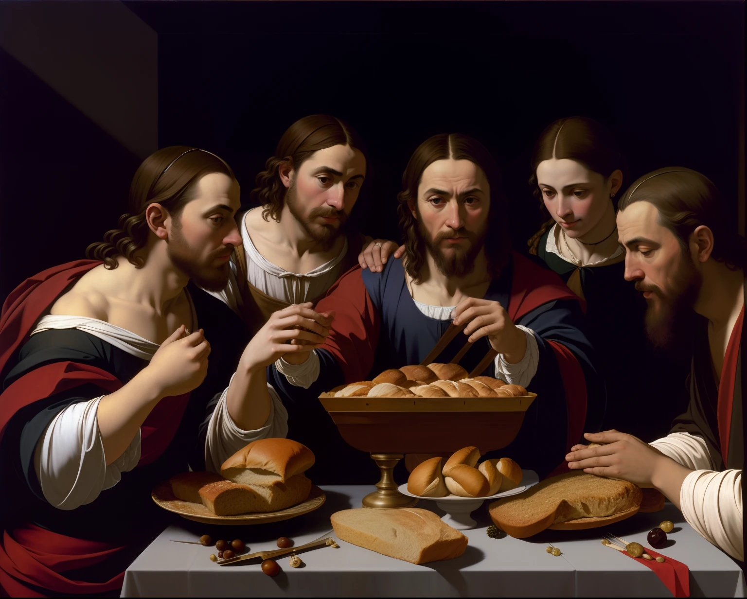 Arafed painting a group of people around a table with bread, Zurbaran, Gerard Van Honthorst, last supper composition, inspirado em Gillis Rombouts, Francisco de Zurbaran, obra-prima obra de arte, Directed by: Gillis Rombouts, by Michelangelo Merisi da Caravaggio, por caravaggio, estilo caravaggio, Estilo de Caravaggio