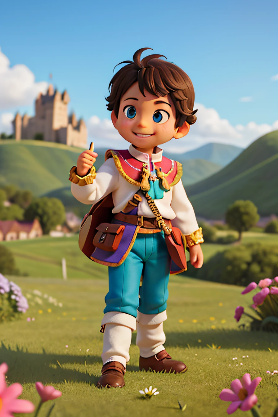 Ilustration: Smiling with prince clothes, in the middle of a field, white skin and black curly hair. In the background and far away on top of two mountains in the large valley, two castles, one on each mountain, one turquoise and the other made of stones. And a beautiful field, with grass and flowers on a sunny day. superb lighting, volumetry, Tilt-shift, 80mm lens, large aperture, 3d, blender, masterpiece, super detail, better quality, --v6