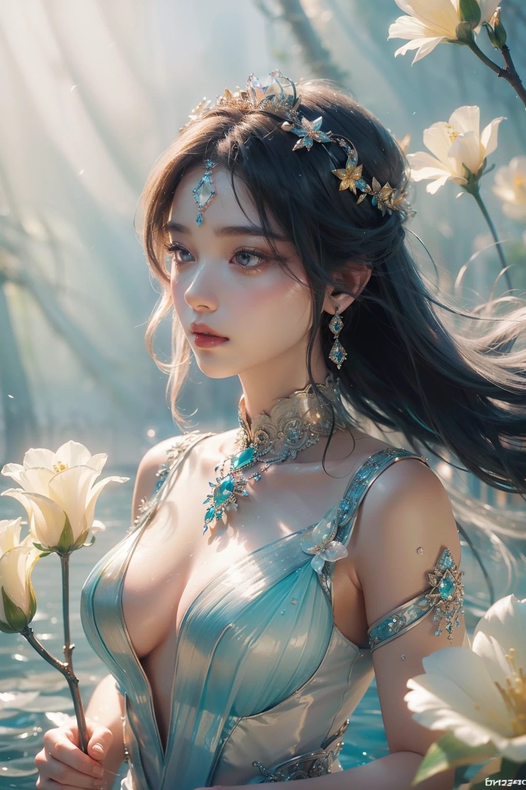 (((1goddess)))，in  the water，fresh flowers，Princess dress，transparent glass texture，（Bright colors)，(rich colours)，Diamond，Dazzle，The Arthur effect,, Gradient translucent glass melt, studio lit, C4D, OC renderer, Clean shadows, 4K，Face the lens，The upper part of the body