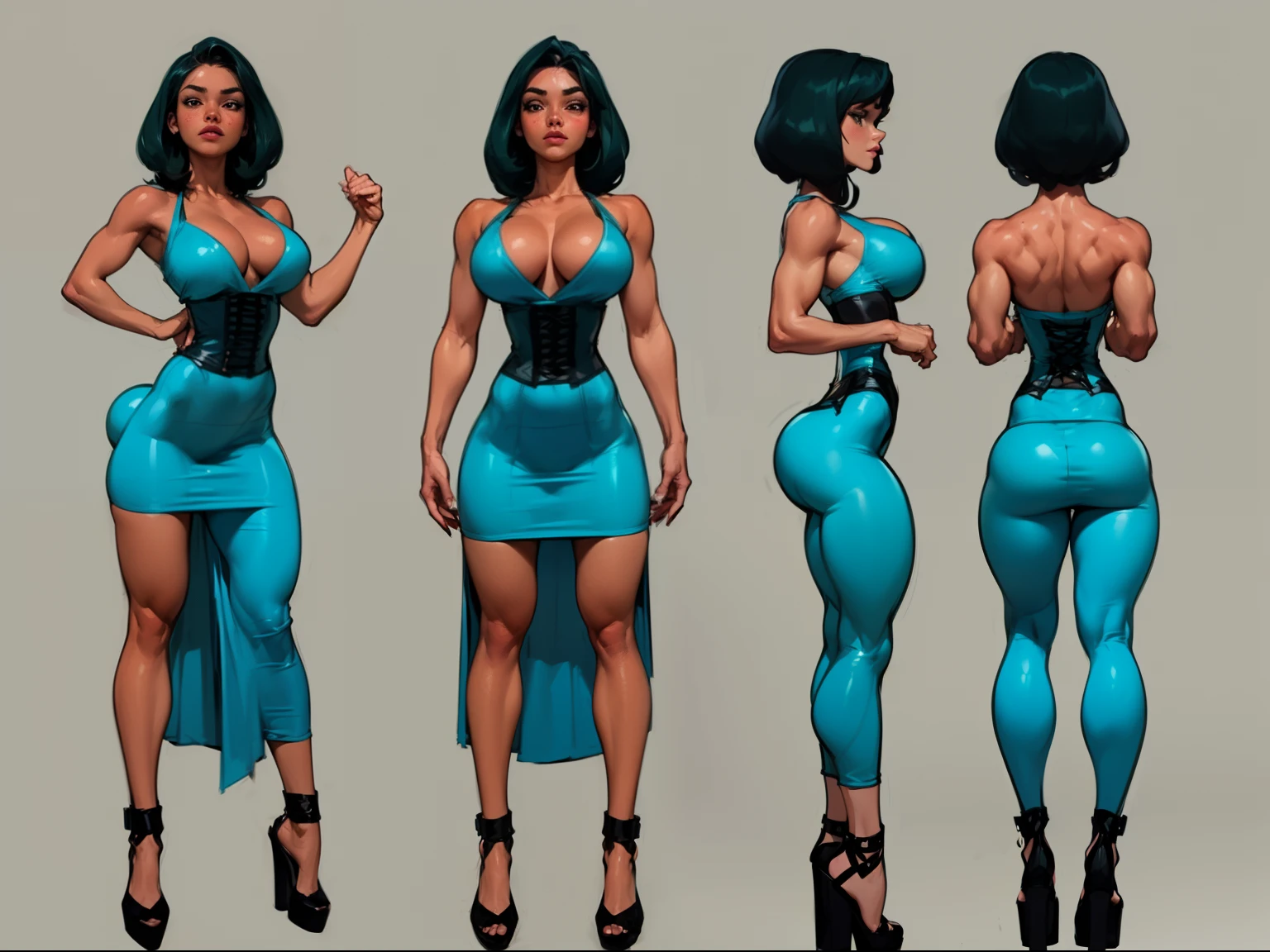 ((masterpiece)),(((best quality))),((character design sheet)), ((full body view)) illustration,1girl, muscular, ((tight green dress:1.2)), buttercup, blue black hair, greendress ((detailed face:1.4)) beautiful woman, blunt bobcut, (black corset:1.2)shiny skin, scribbles and marks, , rough sketches, pose, 8k,16k, (simple background, white background: 1.3)