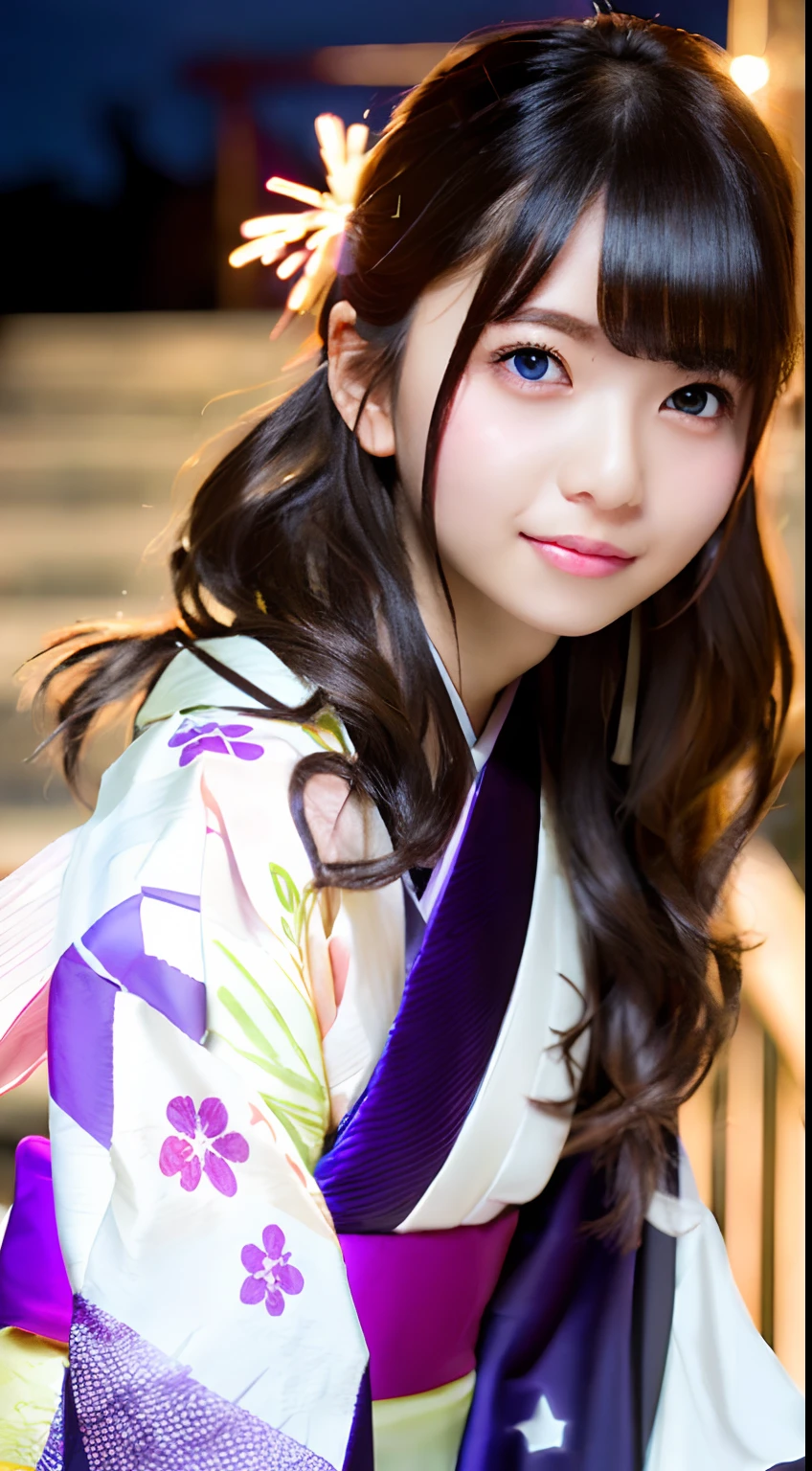 (masutepiece:1.3), High resolution, ultra-detailliert, the Extremely Detailed CG Unity 8K Wallpapers, Realistic, Photorealsitic, Raw photo, beautifull detailed face, pale skin, realistic glistening skin, Detailed Cloth Texture, detailed hair texture, Perfect body, Beautiful face, acurate, Anatomically correct, Highly detailed face and skin texture, Natural neck length, (Beautiful hands), (Fair skin:1.2), thin legs, Thin feet, (Aligned teeth:1.1), Sweaty skin,
BREAK,
Detailed eyes, symmetrical eye, Light brown eyes, Double eyelids, Thin eyebrows, (Moist eyes:1.2), (Glossy lips:1.4), ((gently smiling:1.2)), (blush:1.2), (Small hair accessories that sparkle:1.1),
BREAK,
(classy girl:1.3), (Wearing (Purple kimono:1.2) With a white floral pattern),
BREAK,
((Close Up Shot:1.3)), (From below:1.3),
medium breasts, Slender figure, Firm abs,
((up do hairstyle, Dark blonde hair, Wavy Hair, Long hair, asymmetric bangs:1.2)),
BREAK,
((Sit on the stairs and close your legs、looking down to viewer:1.2)), ((In the night sky behind the riverside terrace、Countless colorful fireworks are being launched:1.2)),