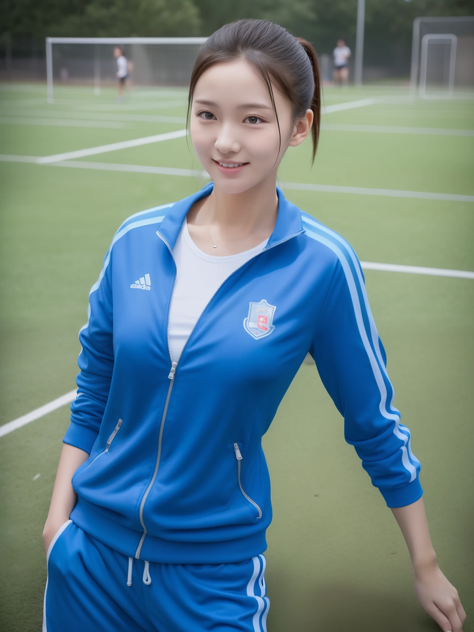 1 very beautiful female high school student,Wear blue and white tracksuits,Play volleyball on the school playground,Super high value,perfect body figure,Beautiful short ponytail,Delicate hair,Fair face and skin,There are beads of sweat hanging down,Have fun on the playground,Breasts are full and huge,Chest hyperexcion,The tracksuit on the chest is high and bulging, Tightness and bulging:1.5,Delicate fair and soft toes,detailed finger,fully body photo