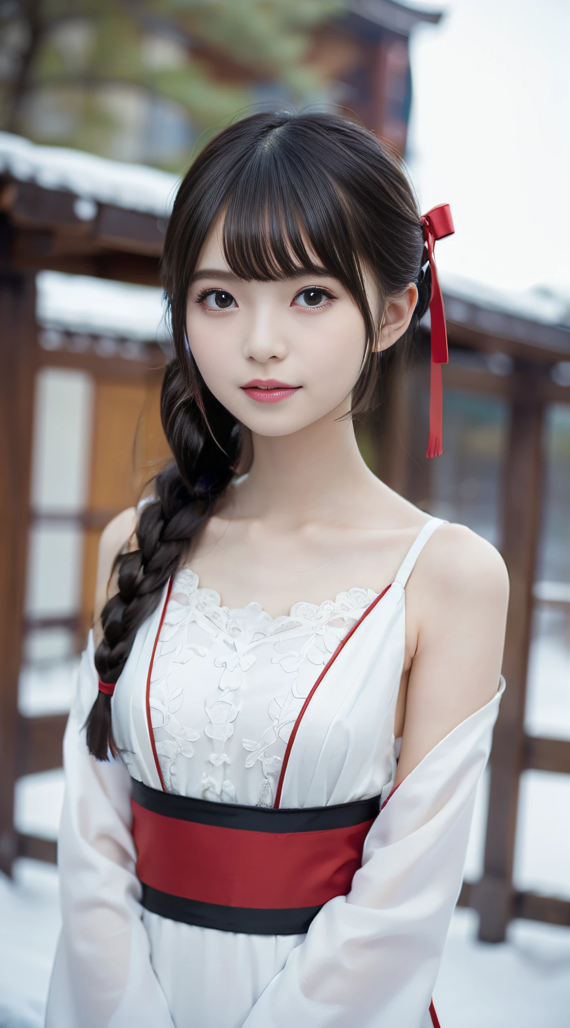 Red and white Ming dynasty Hanfu，The breasts support the clothes，exposed bare shoulders，Delicate collarbones