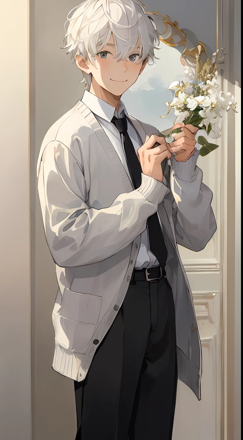 (masterpiece、top-quality、hightquality)、1 juvenile、15 year old boy、(a smile))Look at viewers、white hair、Straight Hair Medium、fluffy hair、Gray-eyed、White shirt、cardigan、Black pants、dynamic ungle