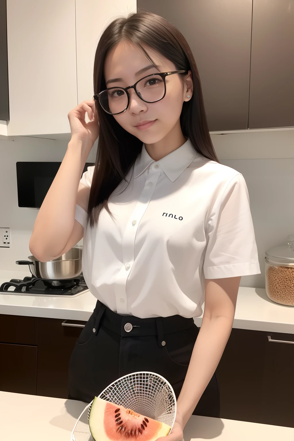 Web anchor,30-year-old young Chinese mother,cabelos preto e longos,Melon seed face,wearing black rimmed glasses,Skinny and small,White shirt,The product is being introduced,Facing the lens,at the kitchen