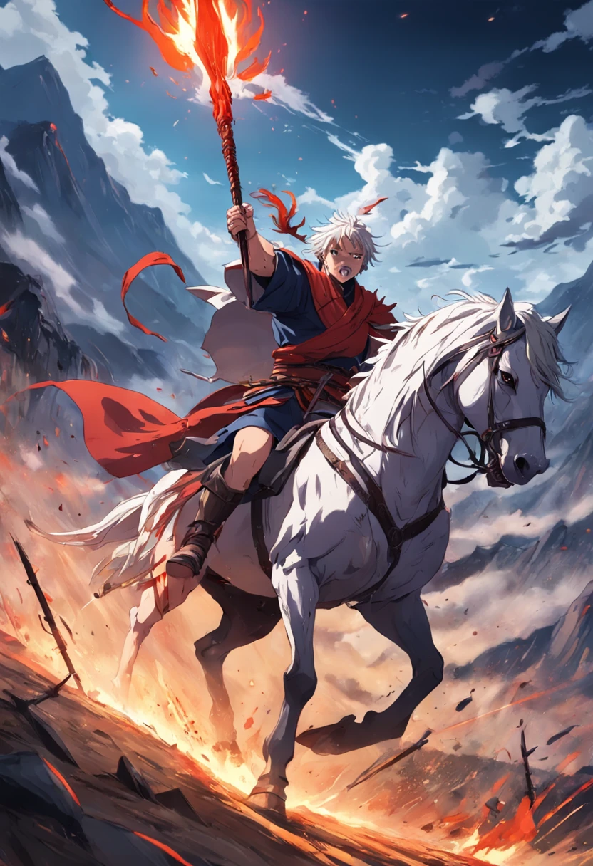 A warring state warlord wielding a vermilion spear is charging into enemy camp on horseback