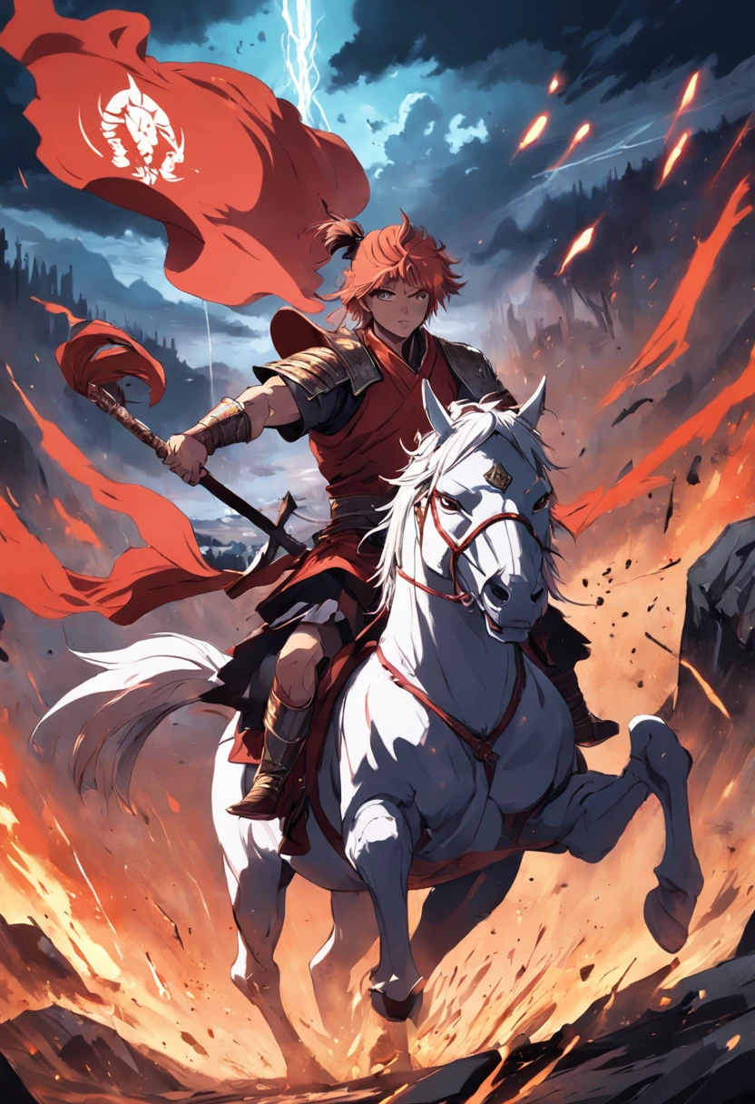 A warring state warlord wielding a vermilion spear is charging into enemy camp on horseback