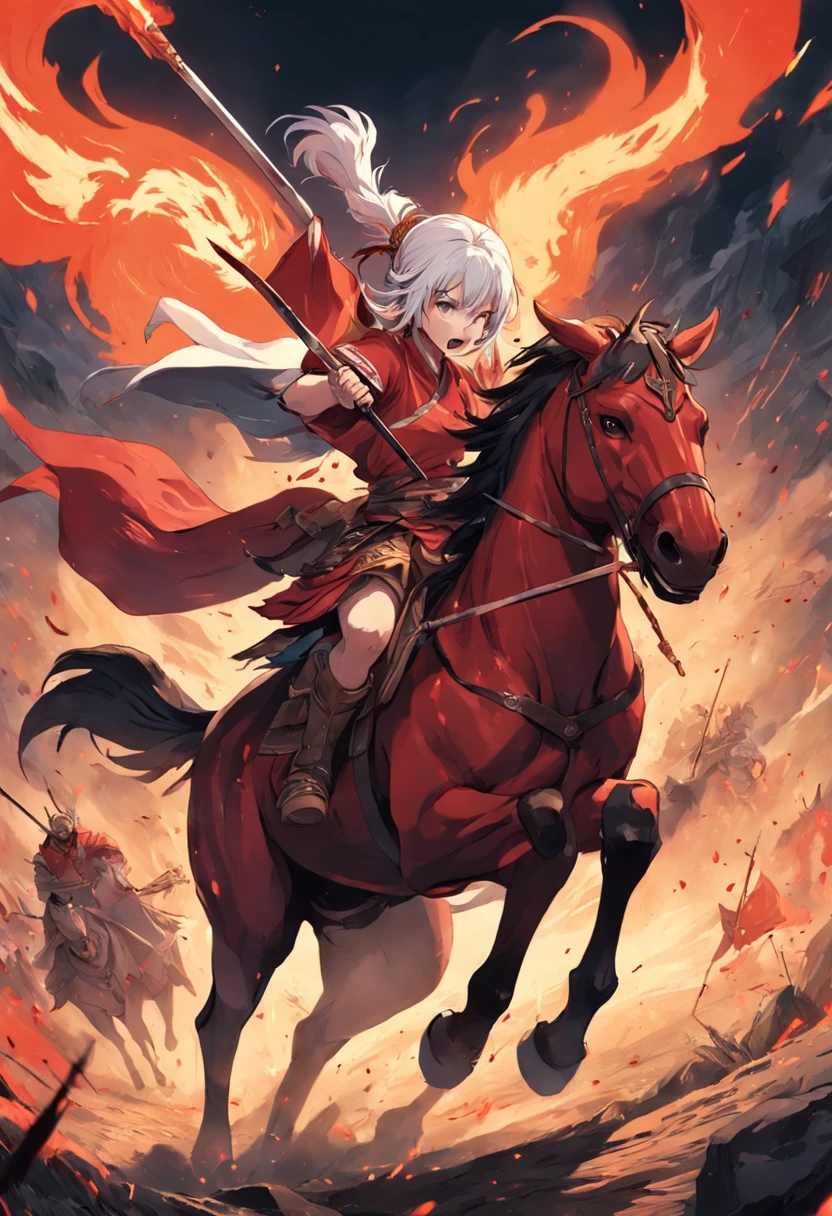 A warring state warlord wielding a vermilion spear is charging into enemy camp on horseback