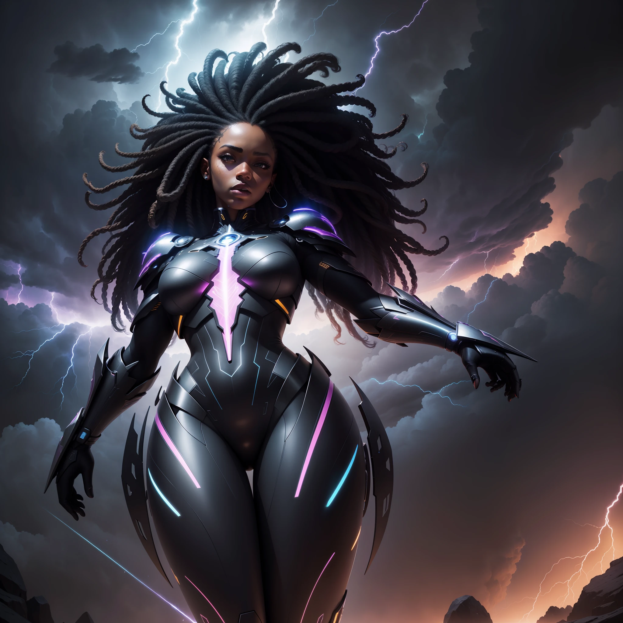 a full body shot of a beautiful black woman floating in the sky among dark clouds with lightning striking around her, afrofuturistic, with iridescent light, highly detailed images, vibrant beautiful colours, photorealistic image, 8k, ultra HD, unreal engine rendered, cinematic lighting, artgerm style,