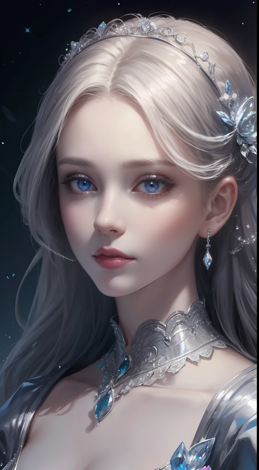 tmasterpiece,Highest high resolution,Dynamic bust of beautiful royal lady,Delicate silver braided hair,Blue clear eyes,The hair is covered with beautiful and delicate floral craftsmanship, Crystal jewelry filigree,Ultra-detailed details,upscaled。Soft lighting