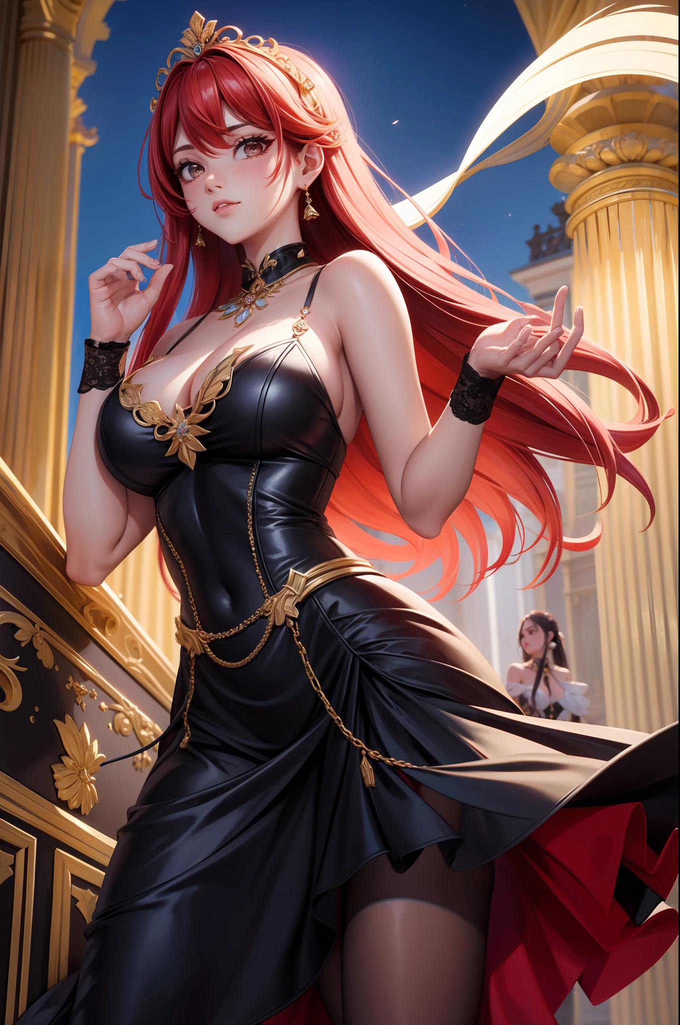 (obra maestra) (La mejor calidad) Una hermosa mujer pelirroja con cabello muy largo que fluye por su espalda, con un impresionante vestido de fiesta negro con escote en V. Ella lleva un par de pendientes de diamantes, un collar de oro fino y varios anillos en sus dedos. Ella lleva tacones altos de un rojo intenso. She is leaving her large mansion to go to an event. vendimia, vendimia, glamour (big breats)