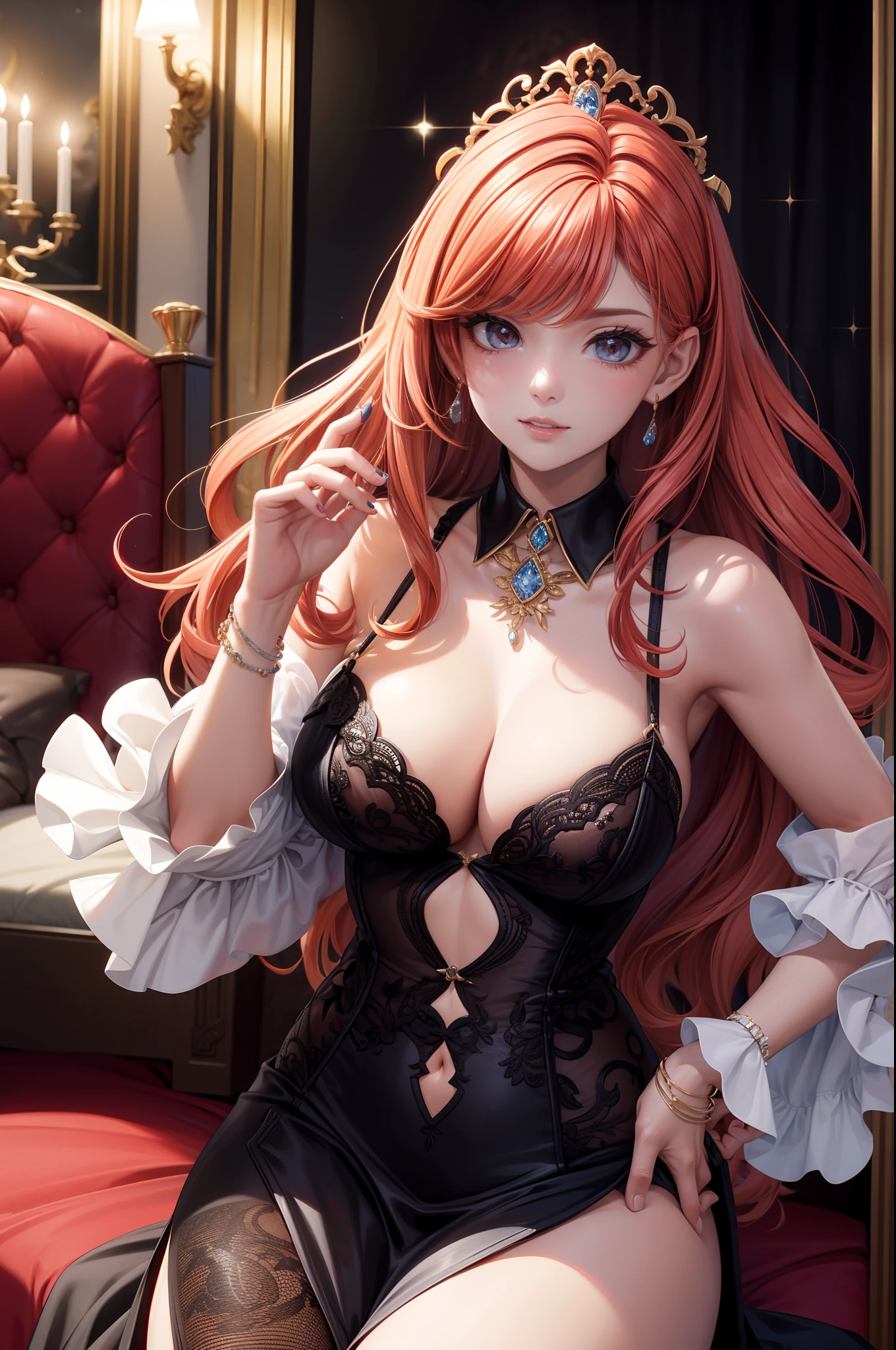 (obra maestra) (La mejor calidad) Una hermosa mujer pelirroja con cabello muy largo que fluye por su espalda, con un impresionante vestido de fiesta negro con escote en V. Ella lleva un par de pendientes de diamantes, un collar de oro fino y varios anillos en sus dedos. Ella lleva tacones altos de un rojo intenso. She is leaving her large mansion to go to an event. vendimia, vendimia, glamour (big breats)