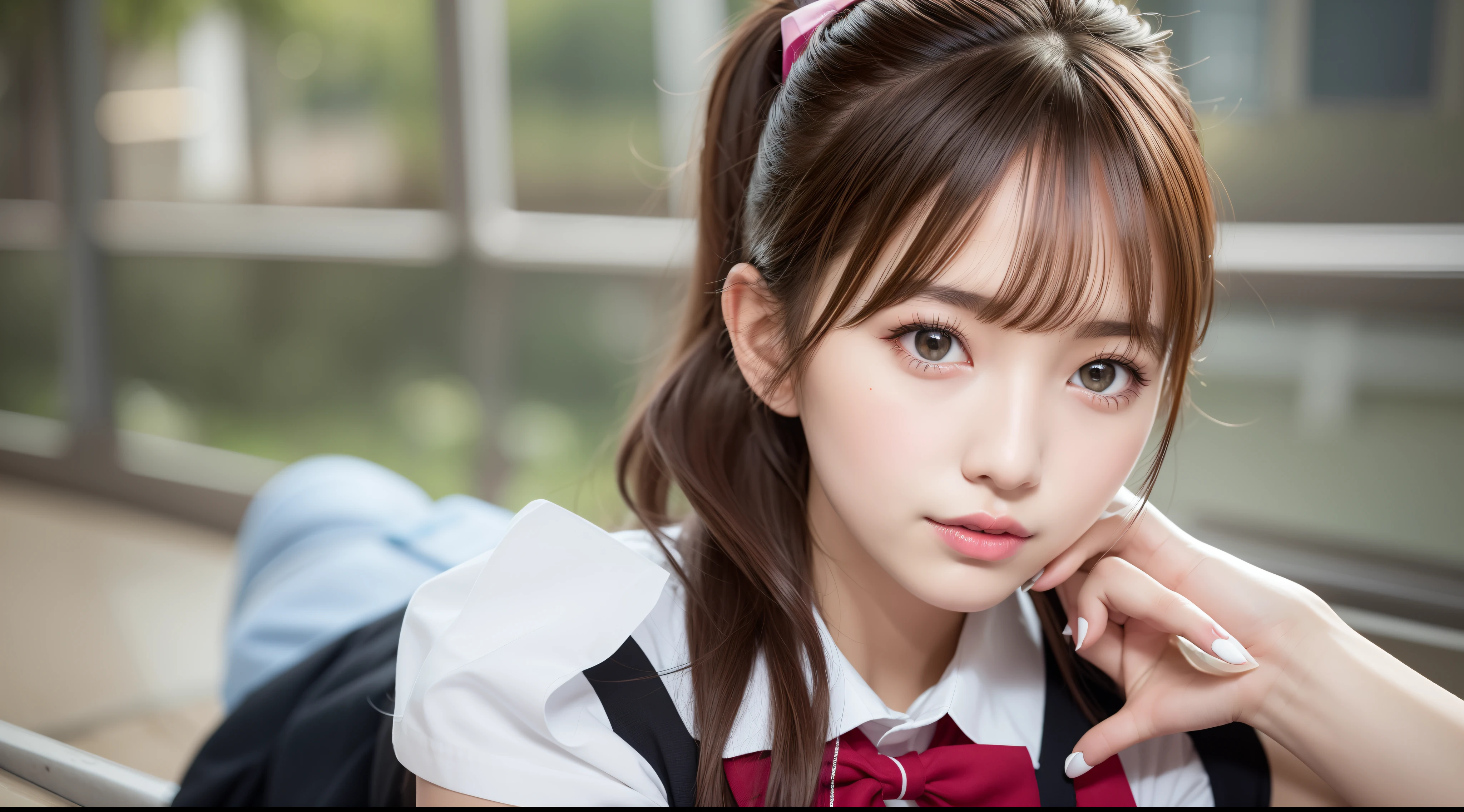best quality, realistic, photorealistic, extremly detailed, an extremely delicate and beautiful, RAW photo,
full body, a 27 years old woman, (cute, ribbon, black iris, school setting:1.3), brown hair, brown eyes, smaller head, fashion girl, beautiful eyes, small breast,real face, real skin, realistic face, realistic skin, detailed eyes, detailed facial features,
detailed clothes features, (school uniform:1.3), (shoulder length ponytail: 1.3)
dynamic poses, looking at viewer, detailed face and breast,
(pureerosface_v1:0.33), (ulzzang-6500:0.33),