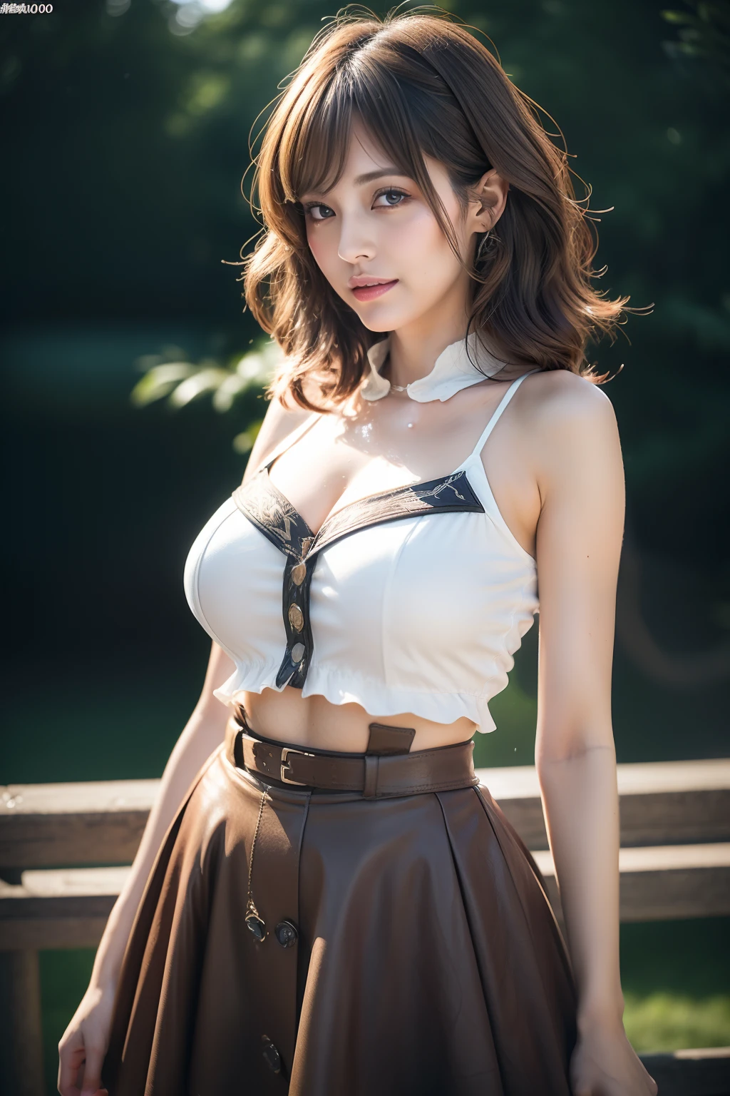 (Best quality, 8K, 32K, masutepiece, NFFSW:1.2), (1 slender woman of Japan, 28 years old, High intaglio printing model),Dark brown hair, Bright foreground, Professional lighting, photon maping, Radio City, Shading:1.3, (High-detail skin:1.2), (Huge breasts:1.3),(Lolita costume)， (Superskirt, cropped shoulders:1.1), ((provocative dynamic pose)), (she is soaking wet), From the knee from the upper view:1.5, com rosto detalhado, Detailed lips, Detailed eyes, Double eyelids, stage, Look for a camera, (sensual gaze to the photographer, Lips slightly open), Break clear skies, lighting, The audience was excited, Happy smile,