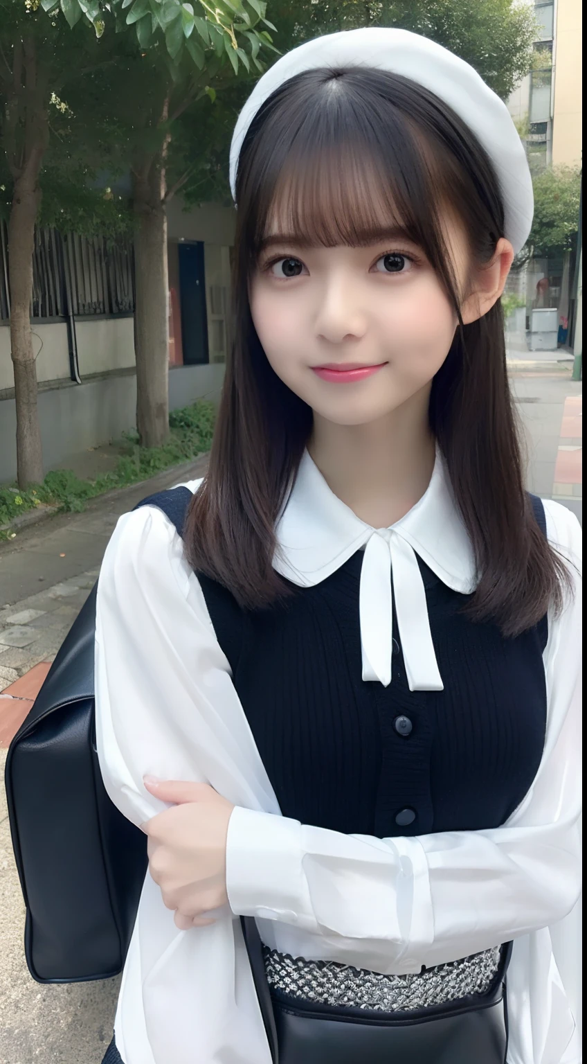 mix4, (8K, Raw photography, Top image quality, ​masterpiece: 1.45), (realisitic, Photorealsitic: 1.37), one girls, cute little, A city scape,, profetional lighting, photon maping, Radio City, physically-based renderingt, Gradient black hair,, a handsome, girl with, (((student clothes、Silk White Blouse、Dark blue knitted vest、White Satin Mini Skirt、No red tie pattern、Black High Socks、Black Loafers Leather Shoes))), Top Quality Photos, hight resolution, 1080p, (clearface), (Detailed face description), (Detailed hand description), (​masterpiece), (Exquisite CG)、extreme light and shadows、dishevled hair、master work、abundant detail、(Fine facial features)、(top quality photo)、(masuter piece)、(A detailed eye)、Look in front of you、Fine clavicle、((Slender big))、((White beret)))、((Cute idol system))、((School Grounds))、(Shooting from random perspectives)、(((Anyway cute)))、耳Nipple Ring、A big smile、Drawing the whole body from the knees、Do not draw nasolabial folds、(((Holding a leather student bag in both hands)))、Big breasts that stand out from the top of clothes、Two legs、