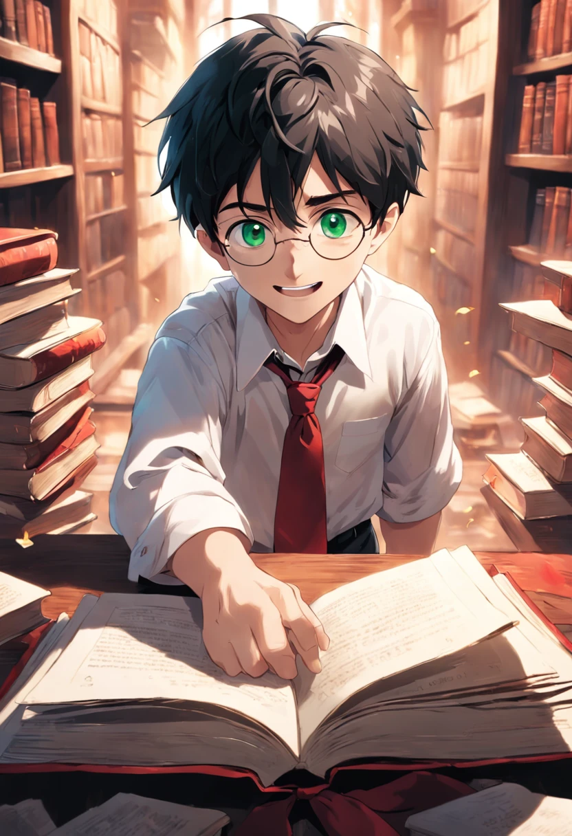 harry potter, guy, black hair, tousled, green eyes, wear glasses, pale, smile, child, white shirt, cute, red tie, book