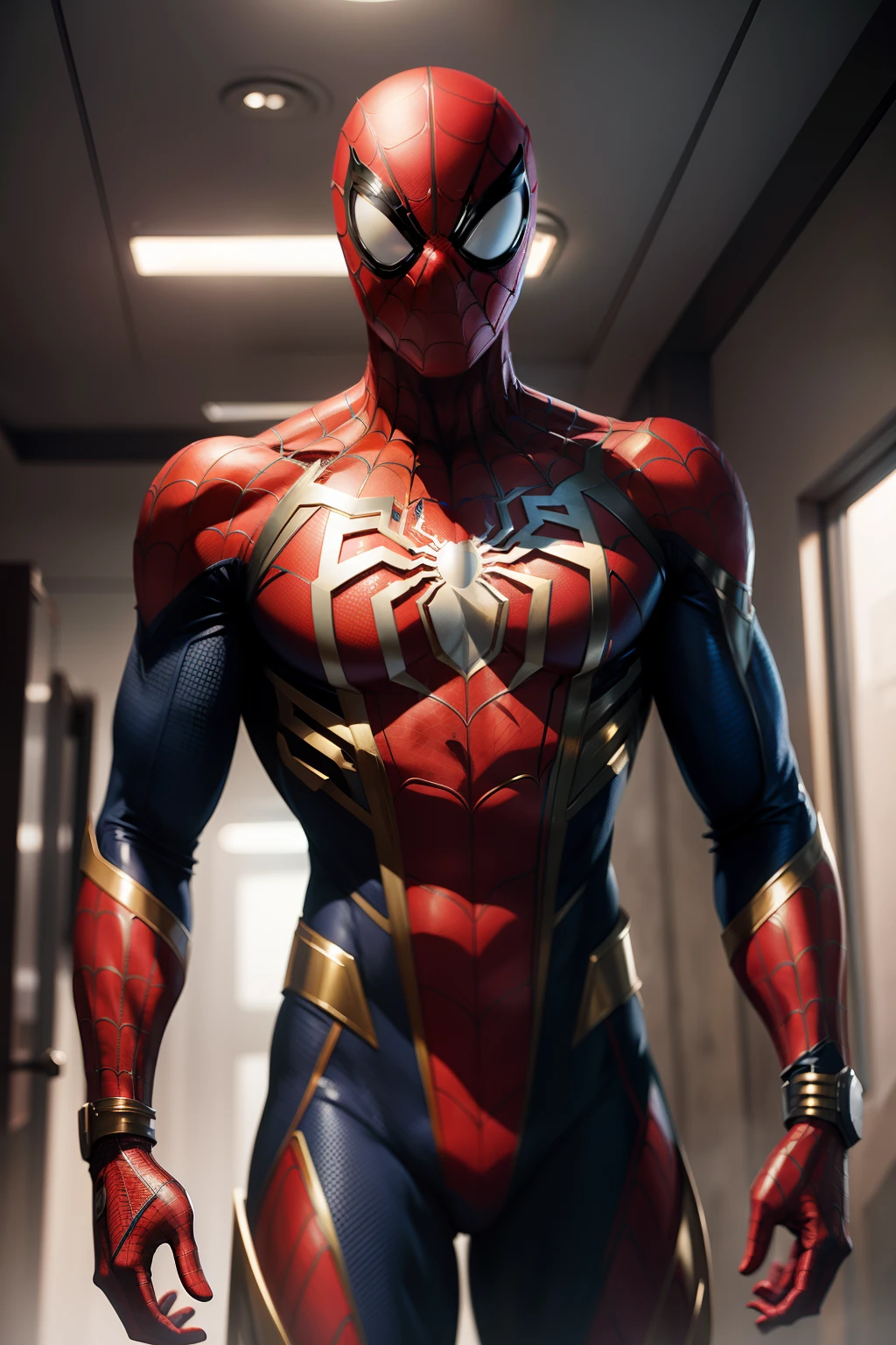 Spider Man wearing a golden cybernetic suit cinematic photo