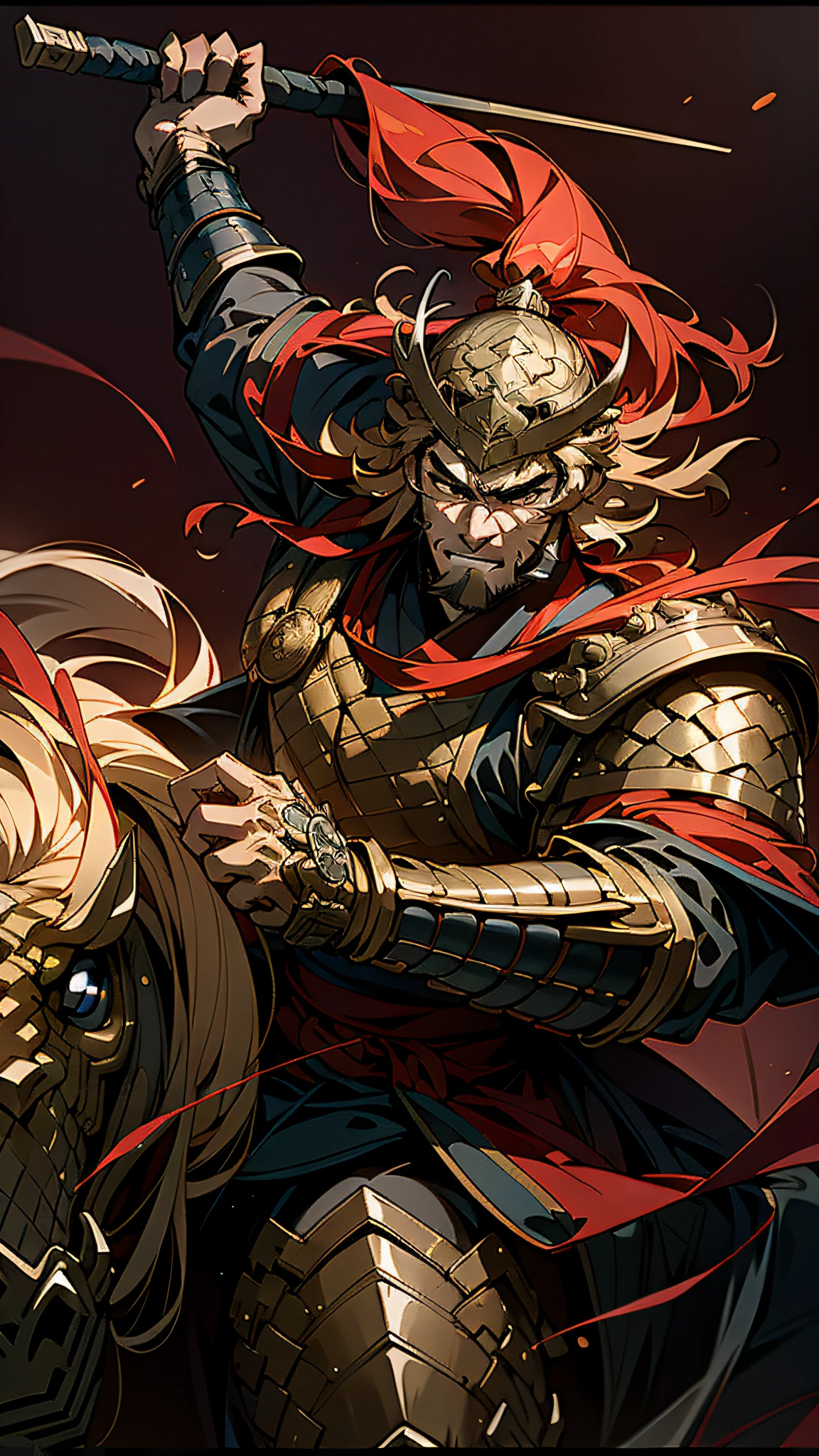 (4k, best quality, highres:1.1), (masterpiece:1.1), man, (Chinese male:1.2), middle-aged, warrior, detailed eyes, facial hair, muscular, strong, brave, courageous, powerful, honorable, disciplined, confident, looking at viewer,
face, bracer, helmet, armor, holding weapon, riding, horse, black, red,