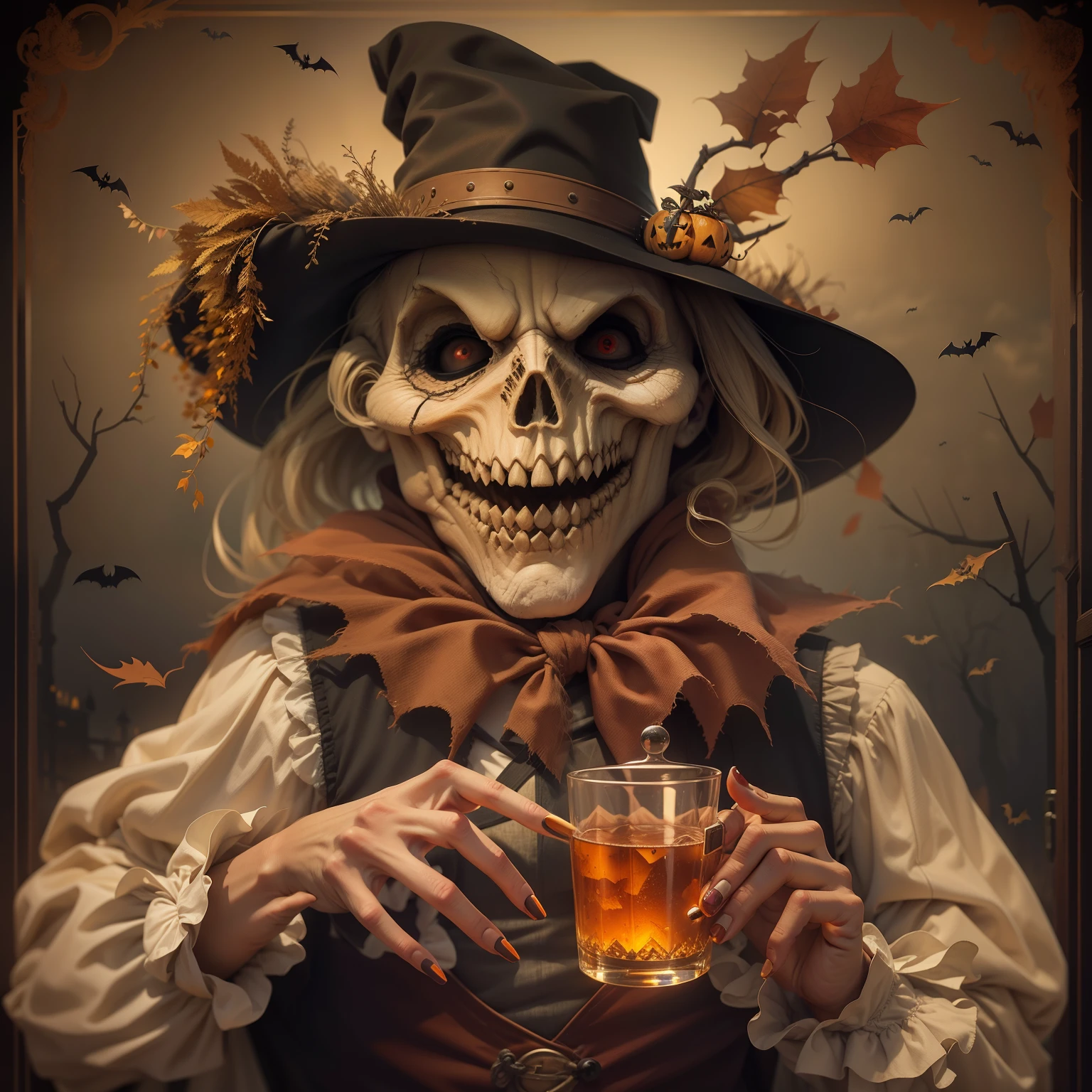 Cartaz de Halloween,Os morcegos,Castelos,Enterro,Galhos murchos, Scary scarecrow with whiskey in his hands