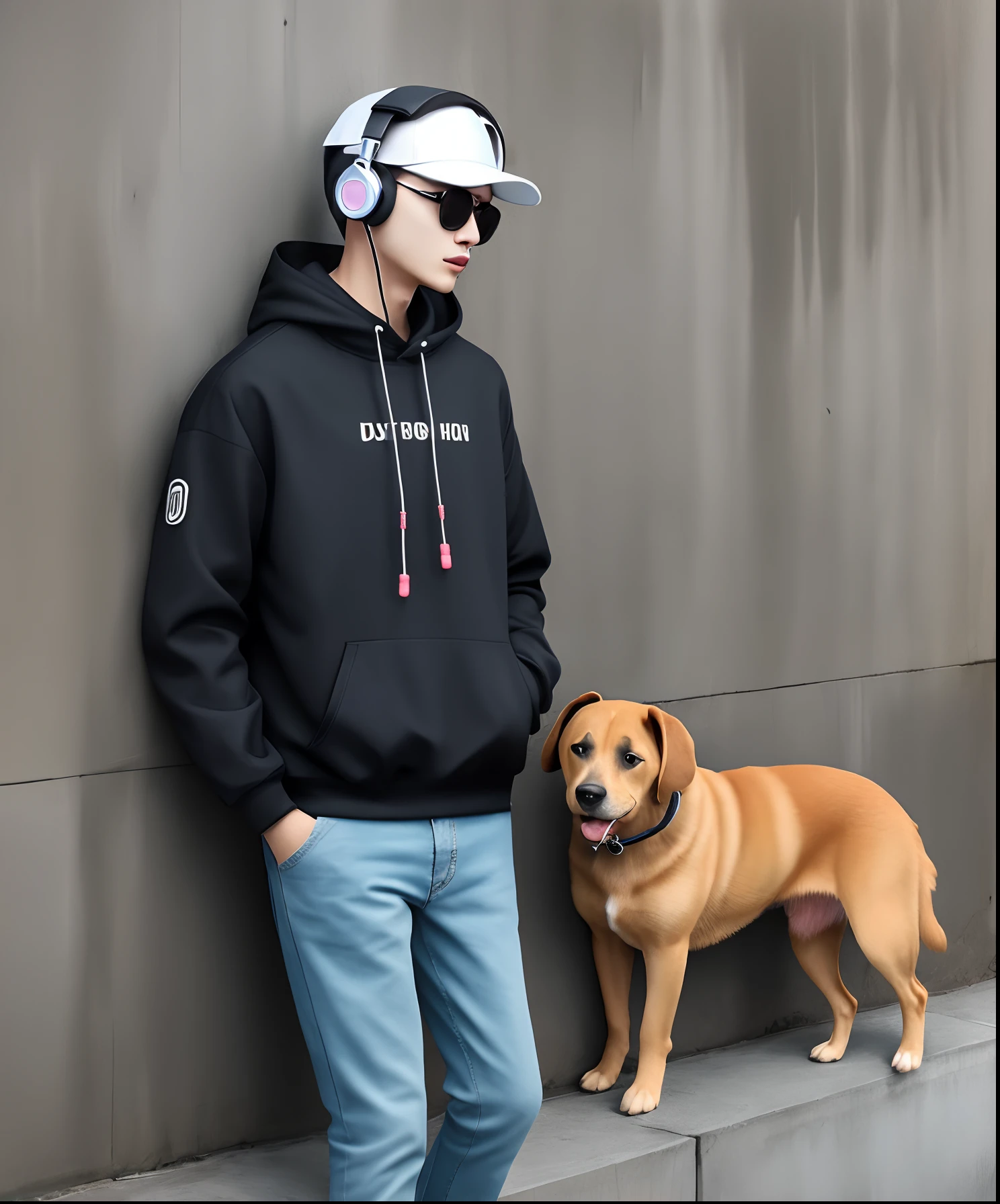 Wearing trendy clothes, wearing headphones Dog against a wall