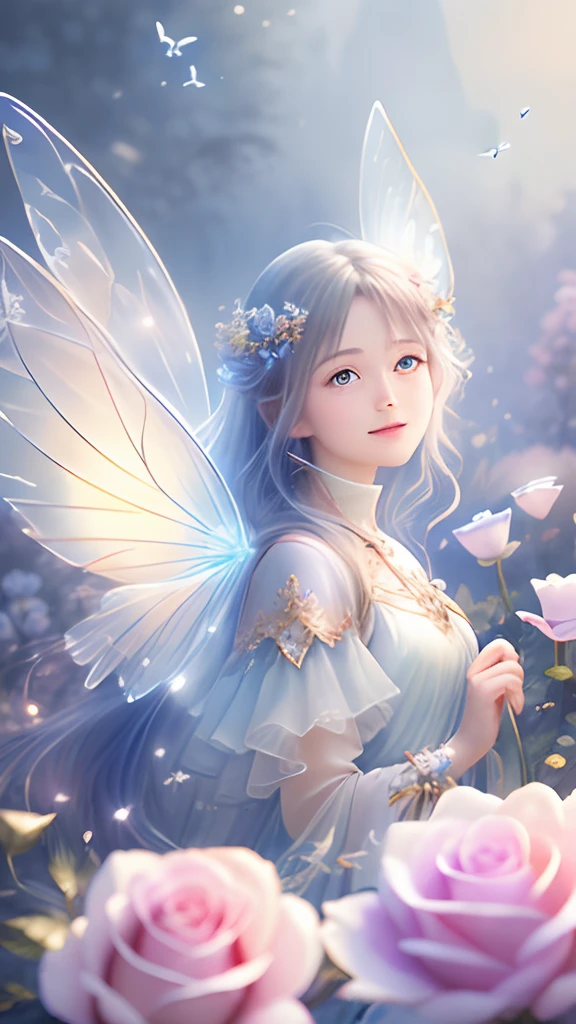 1 moon，Beautiful transparent flower fairy , Transparent colorful wings, The wand flutters in the wind､The wand flashed with starlight，Golden wand，Beautiful blue sky and white clouds、Girls have transparent wings､kindly smile､Beautiful garden background､Gentle and transparent，anatomy correct, Delicate pattern，Pink rose space, Soft lighting, ( Bokeh)，Masterpiece, Super detailed, Epic composition, Highest quality, 8K，Epic romantic fantasy digital art，Epic fairy tale fantasy digital art，Mythological fantasy，UHD resolution，Detailed detail drawing，realisticlying，Very realistic，cinmatic lighting,an award winning photograph,rich colours，hyper realistic lifelike texture，dramatic  lighting