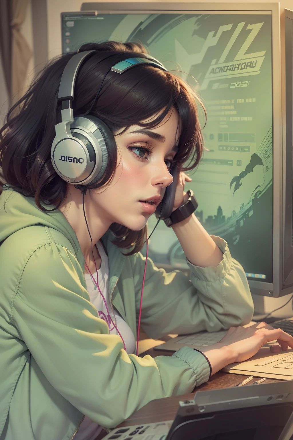 garota com fones, estudando no quarto, ambiente aconchegante, ela esta na frete do computador, imagem estilo lofi