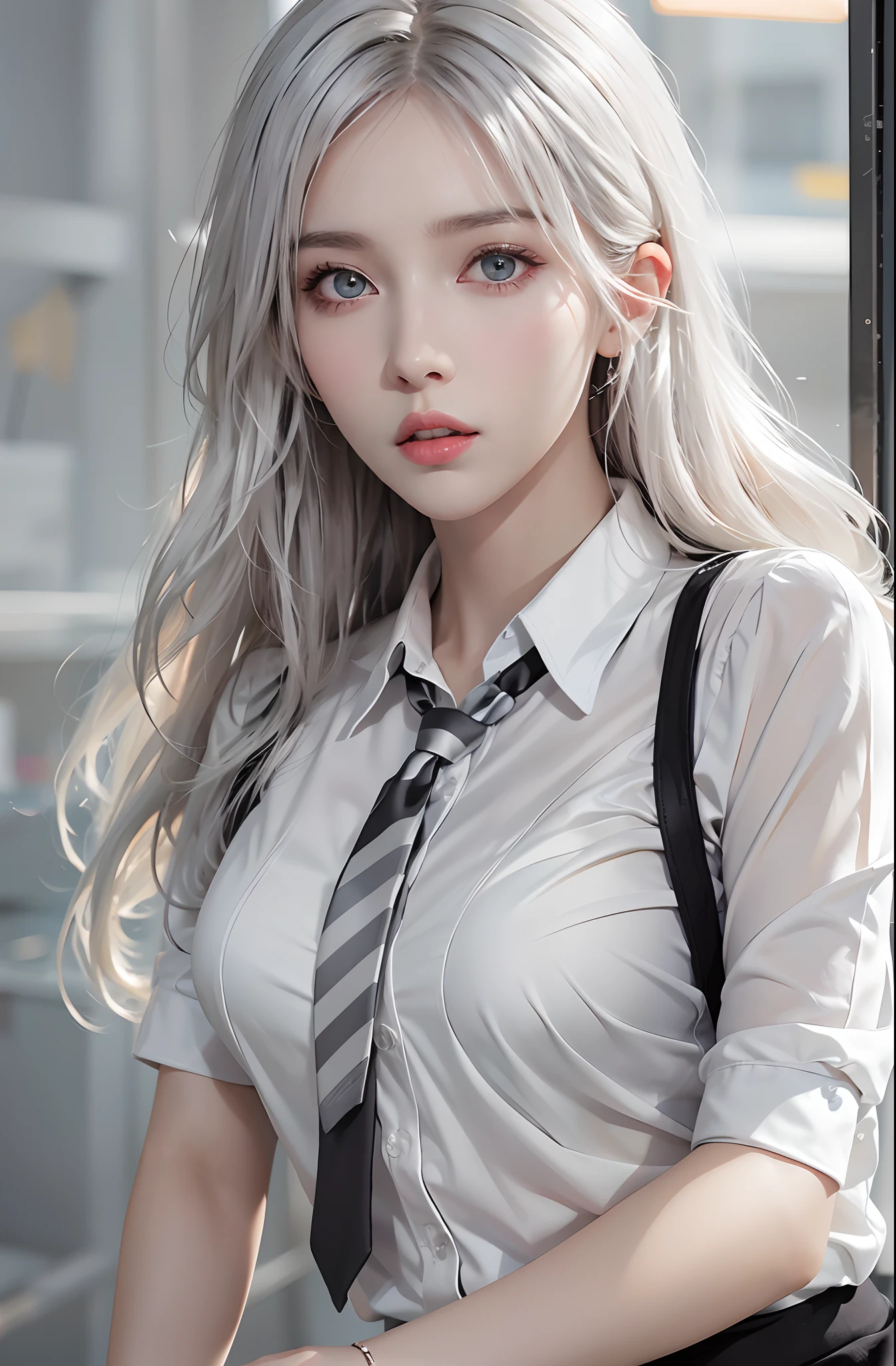 Photorealistic, high resolution, 1 woman, Hips up, Beautiful eyes, White hair, Long hair, ringed eyes, Collared shirt, black necktie,Black skirt, pencil skirts