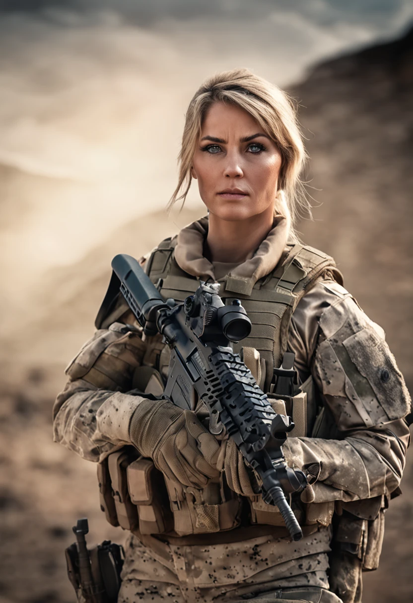Cinematic battlefield in afghanistan, a ultra-detailed hyperrealistic photography of a beautiful 25 years old american soldier woman, (blonde hair with extra long pontyail), blue eyes, american aesthetics, short hair, night, curvy, beautiful curves, army aesthetics, special forces outfit, high emphasis on detail, style Semi Impasto, matte painting, atmospheric, glowing, dramatic lighting, beautiful eyes, symmetric eyed, perfect eyes, by Magali Villeneuve, wet, moist, reflection, (masterpiece) ( Perfect proportions) (realistic photos) (highest quality) (detail) shot taken by Canon EOS R5, 50mm lens, f/2.8, HDR, (8k) (wallpaper) (movie lighting) (dramatic lighting) (sharp focus) (complex) fashion, special forces, captain, american military, , in combat, realistic uniform, multicam, fit, chest protection, united states military, camouflaged, multicam, american patter, bulletproof vest, covered skin, bullet rpoof vest, vest, special forces, combat zone, team leader, captain, united states military, officer, special forces, green berets, explosions, battle damage, K-9 Handler, German Shephard handler, dog handler, k-9, german shephard
