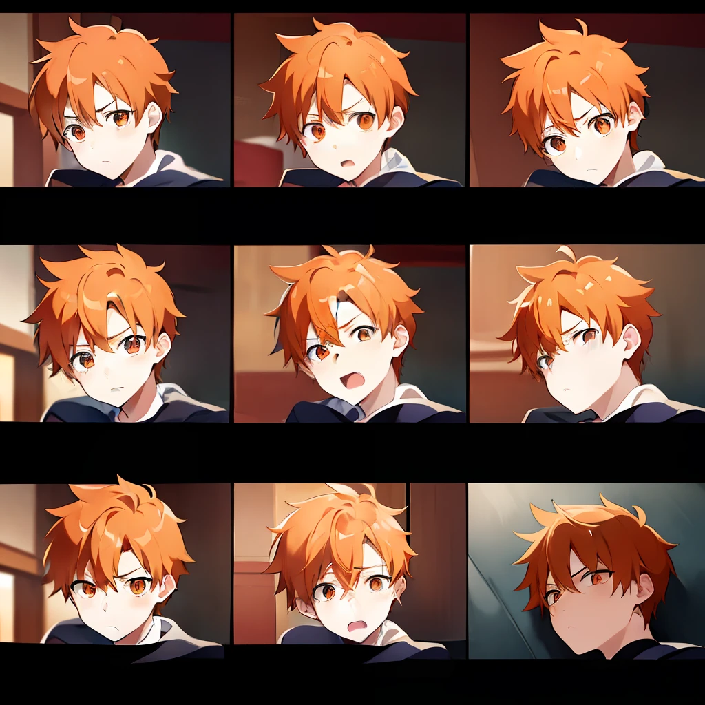 a picture shows a series of pictures of a boy with different expressions, orange - haired anime boy, different expression, zerochan, facial expressions, ██full of expressions██, facial expression, kyoani, expressions, style of kentaro miura!!!!, micro expressions, various emotions, trending on pixiv, detailed facial expressions, pixiv