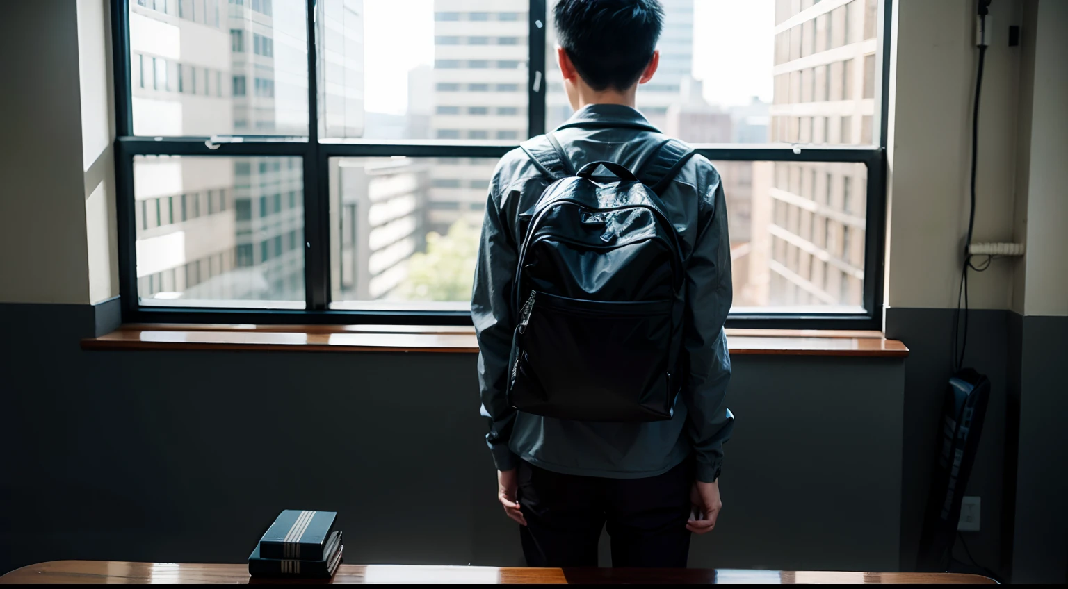 best qualtiy,Heads-up,A half body,Back shadow,Boy student,Black hair,Background secondary school