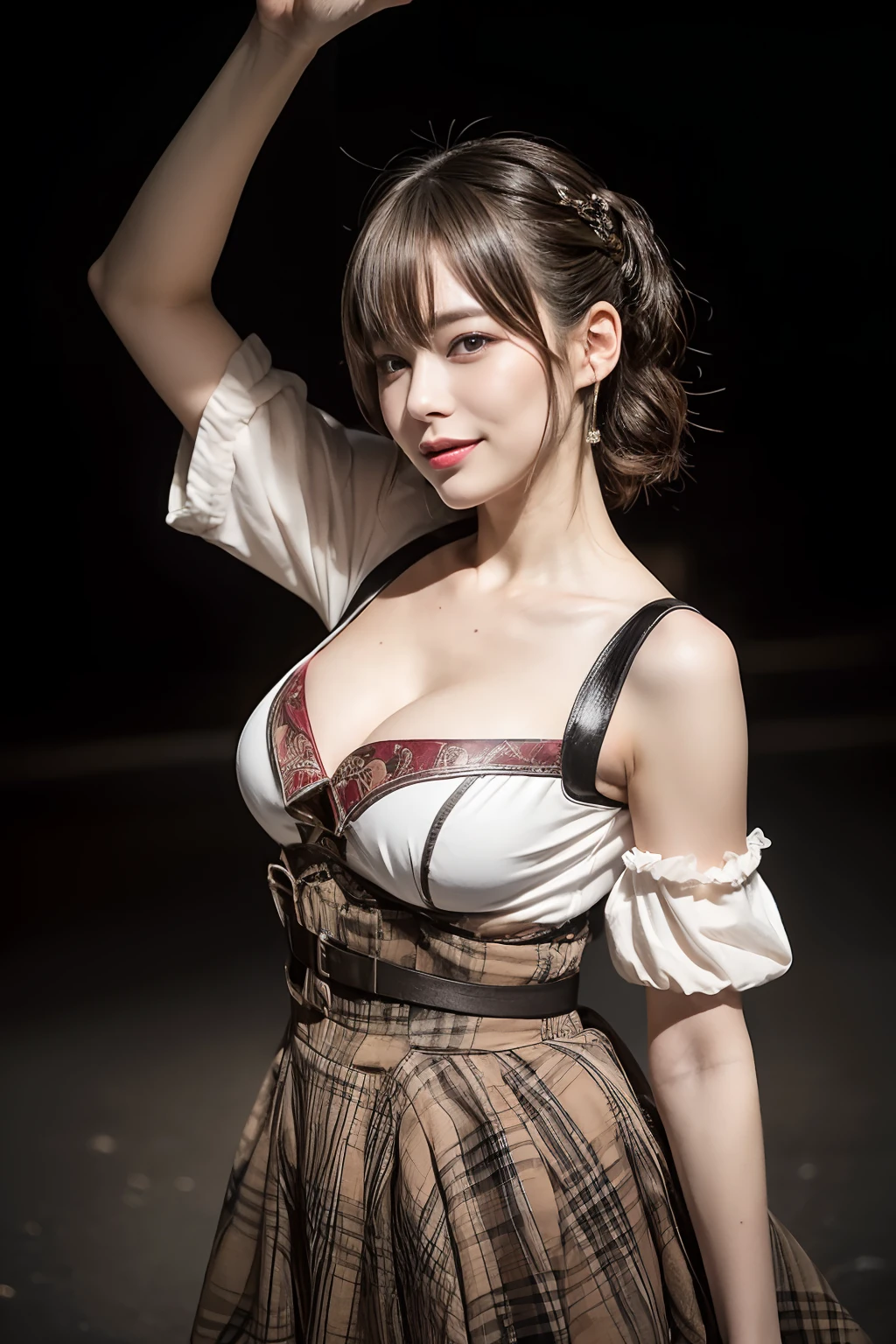 (Best quality, 8K, 32K, masutepiece, NFFSW:1.2), (1 slender woman of Japan, 28 years old, High intaglio printing model),Dark brown hair, Bright foreground, Professional lighting, photon maping, Radio City, Shading:1.3, (High-detail skin:1.2), (Huge breasts:1.3),(****ta costume)， (Dynamic style miniskirt, cropped shoulders:1.1), ((provocative dynamic pose)), (she is soaking wet), Look from above the knee:1.5, com rosto detalhado, Detailed lips, Detailed eyes, Double eyelids, Stage, Look for a camera, (sensual gaze to the photographer, Lips slightly open), Break clear skies, lighting, The audience was excited, Happy smile,