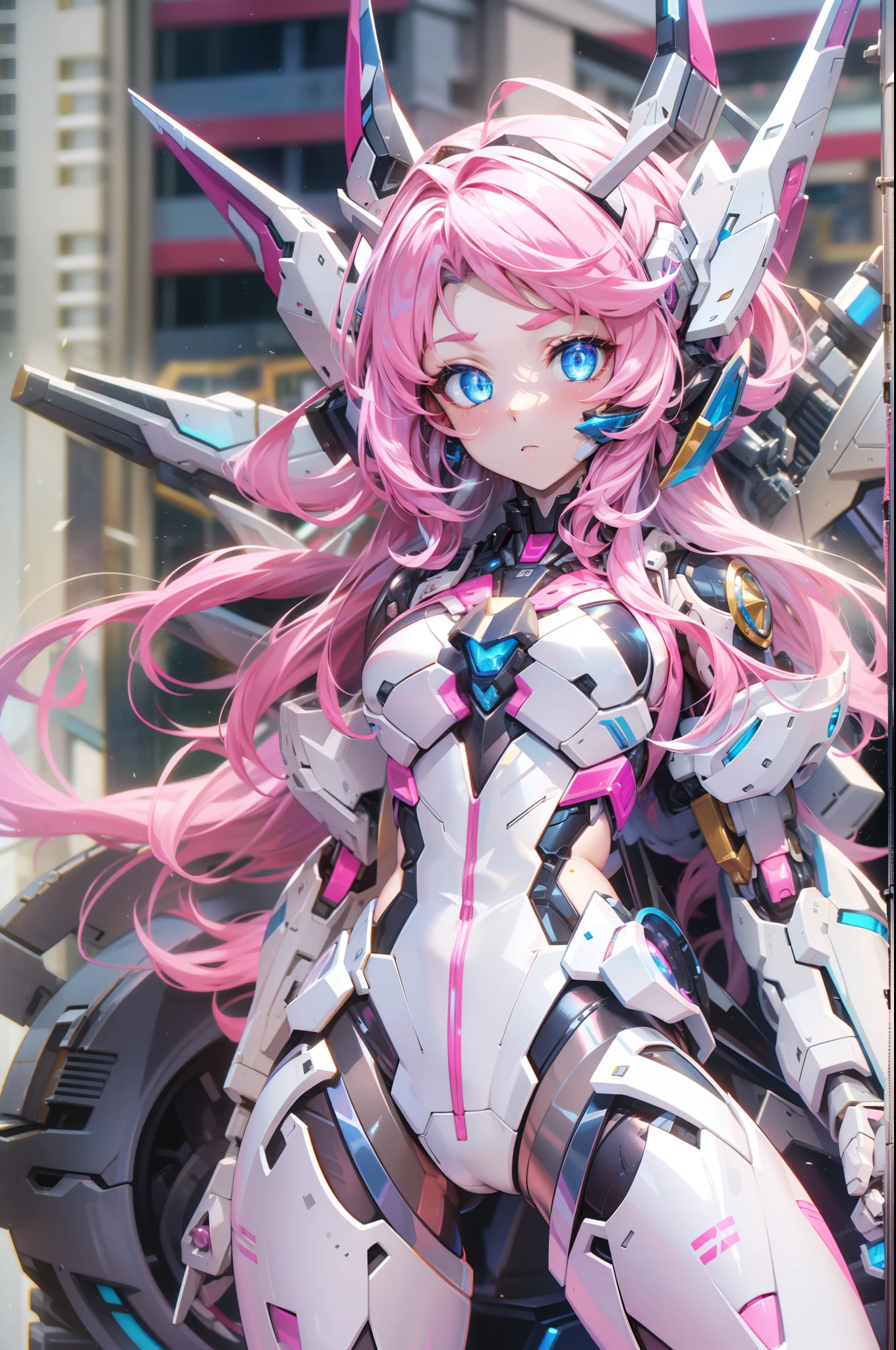 (8K、HighestQuali、tmasterpiece:1.2),hyper HD, retinas, Anatomically correct, Textured skin, Super detail, Best quality, A high resolution、Hyper-detailing,Solo,1 girl,full bodyesbian,mecha-girl,(pink hair),blue eyes,(shiny pupils), girl,lady,medium breasts,white skin,{Mecha parts,Mecha tights,Mecha antenna},high high quality,tmasterpiece,Delicate facial features,Delicate hair,Delicate eyes,Delicate hair,A high resolution,beautifuldetails,Excellent human anatomy