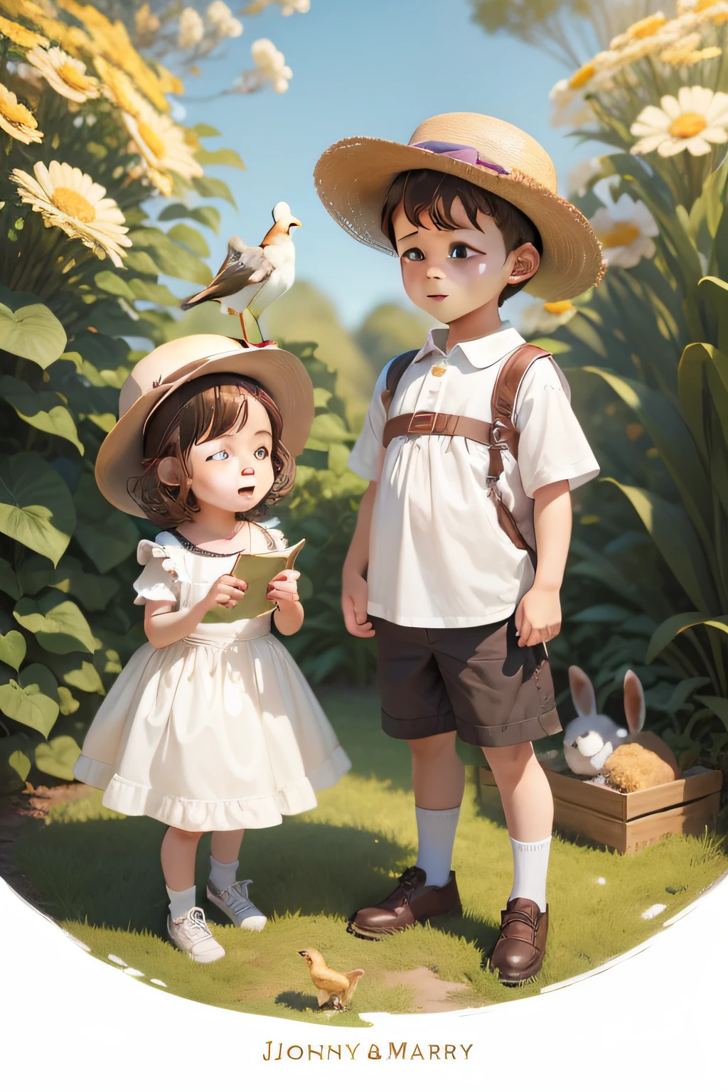 the  explorer, boy in a hat and girl, were two brothers, various poses and expressions on white background, children's book illustration style, simple, 7 years t brown hair, they found an old trunk in the attic of the house, this trunk had with a map, they were very surprised by this map