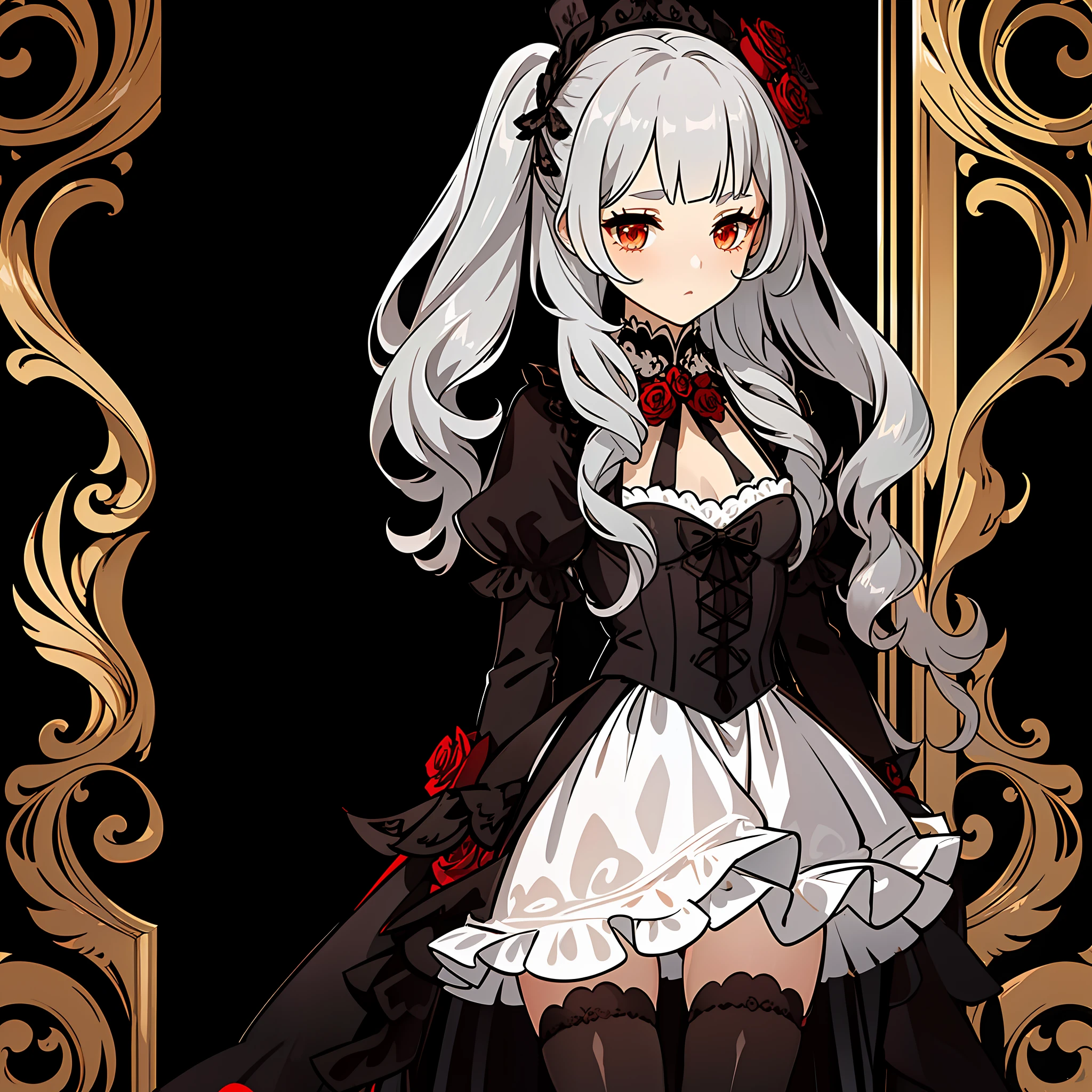 character reference sheet,full body,lady,young lady,black long dress woth frills and lace,tophat adorned with a red rose,victorian style,black shoes,white knee high socks,black lace gloves,elegant,1girl,solo,a single character,long silver hair,red eyes,accessories detailed,details,masterpiece,high quality,child,small,petite