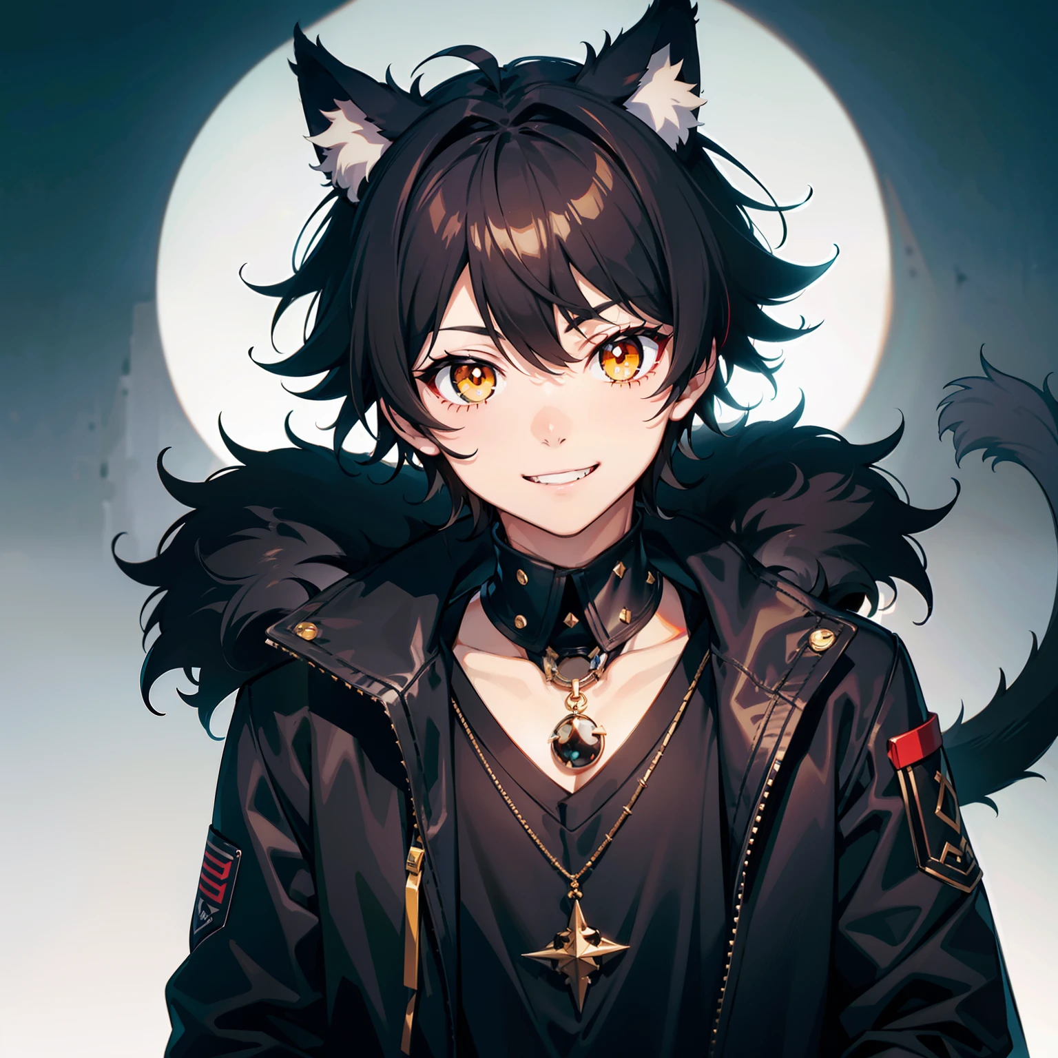 ultra detailed, best quality, finely detail, anime boy, neko, 1 boy, male, black hair, short hair, messy spiky hair, volumous messy hair, black fur jacket, black clothes, cat ears, animal ears, black feline tail, black shorts, smile, relaxed expression, happy smile, anime smile, hood around the neck extremely large, white eyes, yellow pupils, extremely detailed eyes, red nose