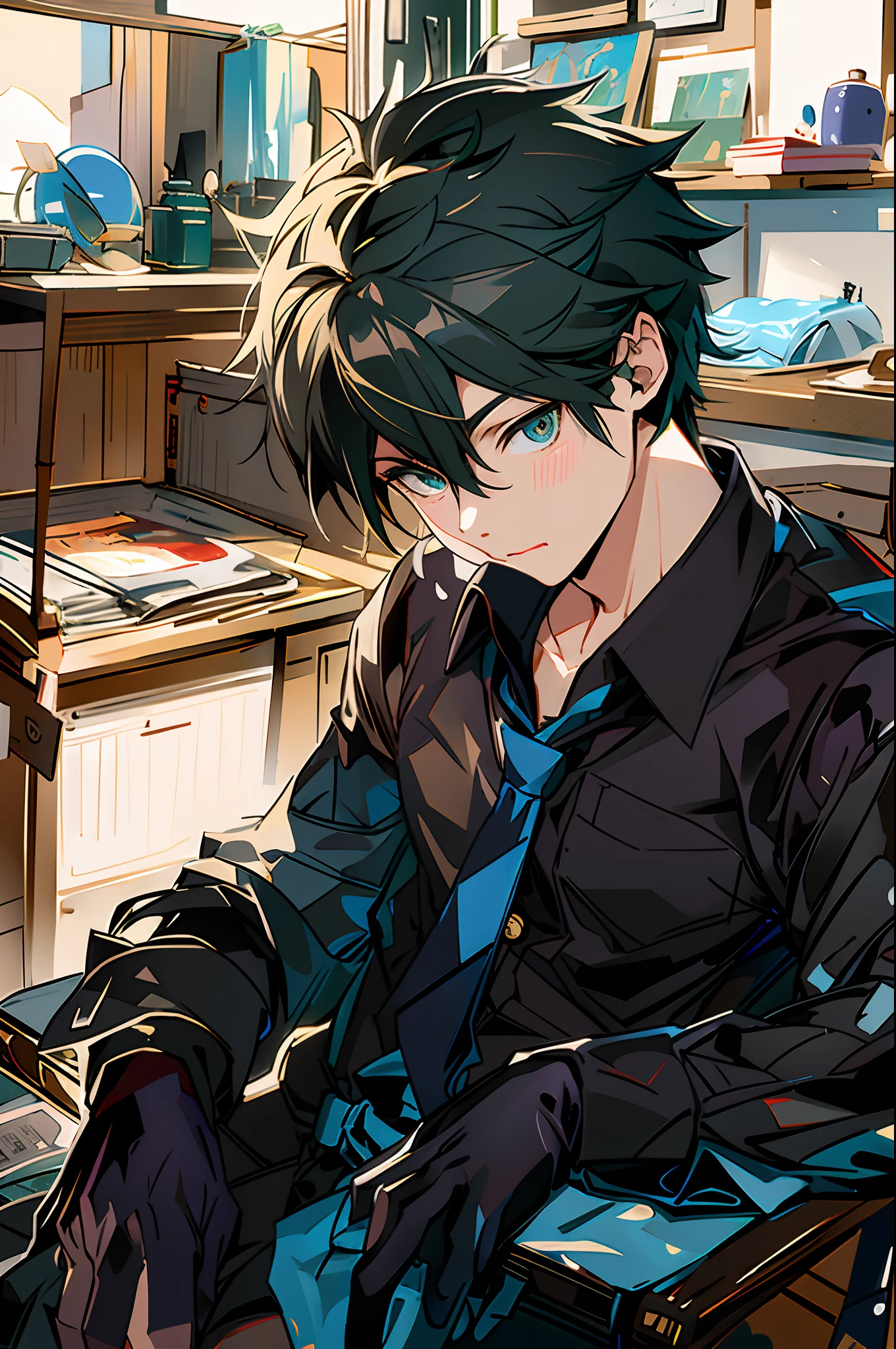 Anime - imagem de estilo de um homem em uma camisa e gravata sentado em uma mesa, jovem homem de anime, homem bonito anime, anime moe artstyle, pose de anime bonito, cara de anime alto com olhos vermelhos, cabelos preto, Arte Oficial, menino anime, arte anime de alta qualidade, Anime Art Wallpaper 8K, trending on artstation pixiv, arte de anime digital detalhada
