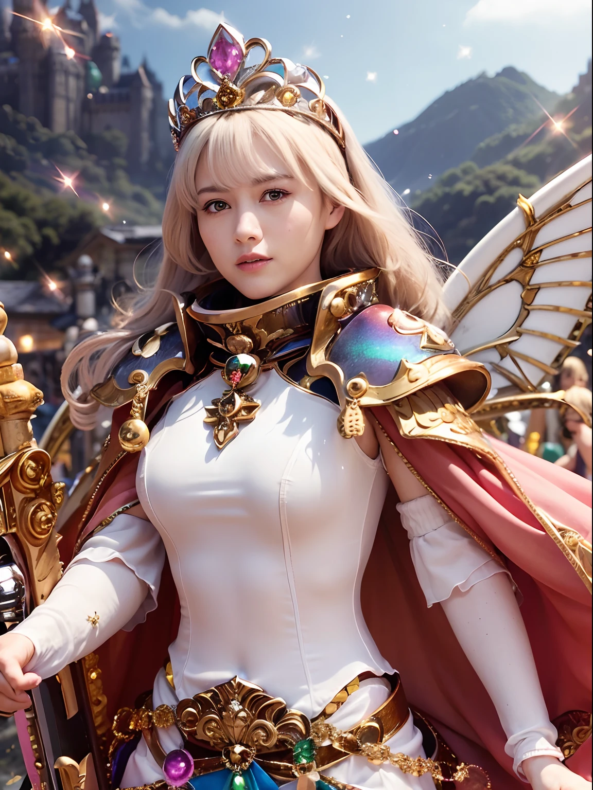 (masutepiece), Professional , masterpiece、top-quality、photos realistic , depth of fields (Gemstone Silver Metal Body:1.9),(Matt W White Pink、Jewel Gold Weapon、(Gorgeous castle background)、(ultimate beauty girl)、(Rainbow fairy wings grow)、Particles of light、(Metal body of iridescent gemstones:1.9),Gorgeous Jewel Metal Weapons , Detailed Sword of the Brave ,( a blond) ,warhammer 40k , adepta sororitas,Detail and ornate jewel crown、独奏、Brown hair、Mystical expression、cleavage of the breast、(Gangle's forest background)、Beautiful Caucasian beauty、1a person、dynamic ungle,(((Diamond tiara with detail and luxury)))、a small face、Powerful poses、(Gorgeous castle background)、huge filesize、20 year old beautiful woman、Stand in the center of the screen、Thin female fingers、Straight long hair、Beautiful Caucasian beauty、(maikurobikini)、Hair fluttering in the wind、face forwards、Look at viewers、(Armpit)、Armpit、
