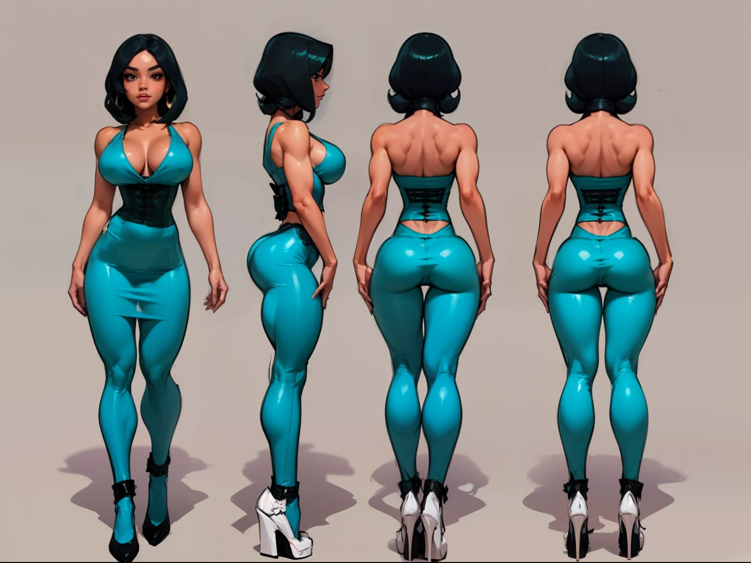 ((masterpiece)),(((best quality))),((character design sheet)), ((full body view)) illustration,1girl, muscular, ((tight green dress:1.2)), buttercup, blue black hair, greendress ((detailed face:1.4)) beautiful woman, blunt bobcut, (black corset:1.2)shiny skin, scribbles and marks, , rough sketches, pose, 8k,16k, (simple background, white background: 1.3)