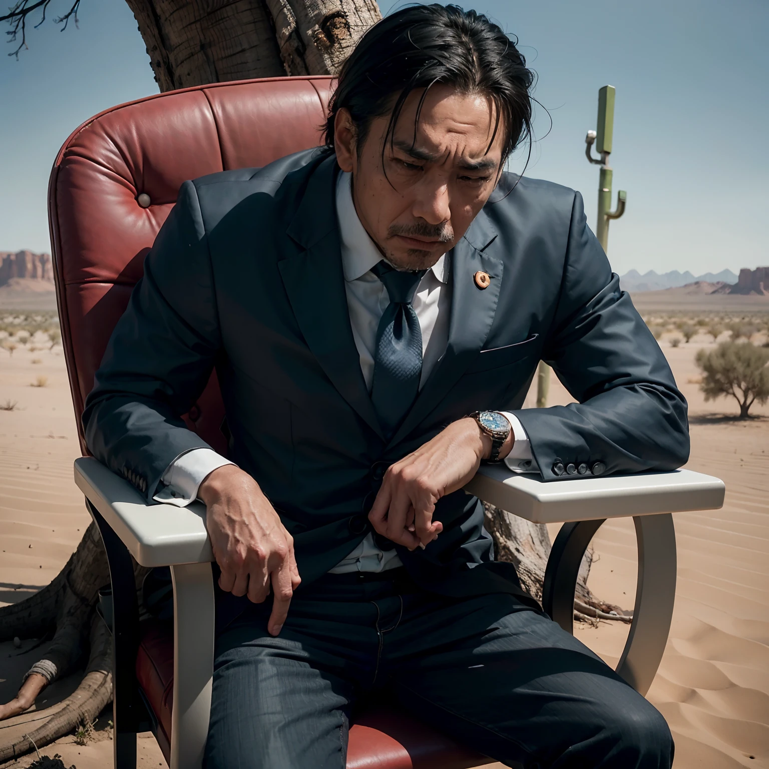 a realistic photography of depressed asian business man sitting at office chair in desert with a dead tree behind him, inspired by Stanczyk's Sad Clown painting, cinematic, realistic, HD, best quality, high resolution, 4K, close up, simple background, photo realistic, ultra details, ultra realistic, ultra detailed, cinematic lighting, highly detailed, breathtaking, photography