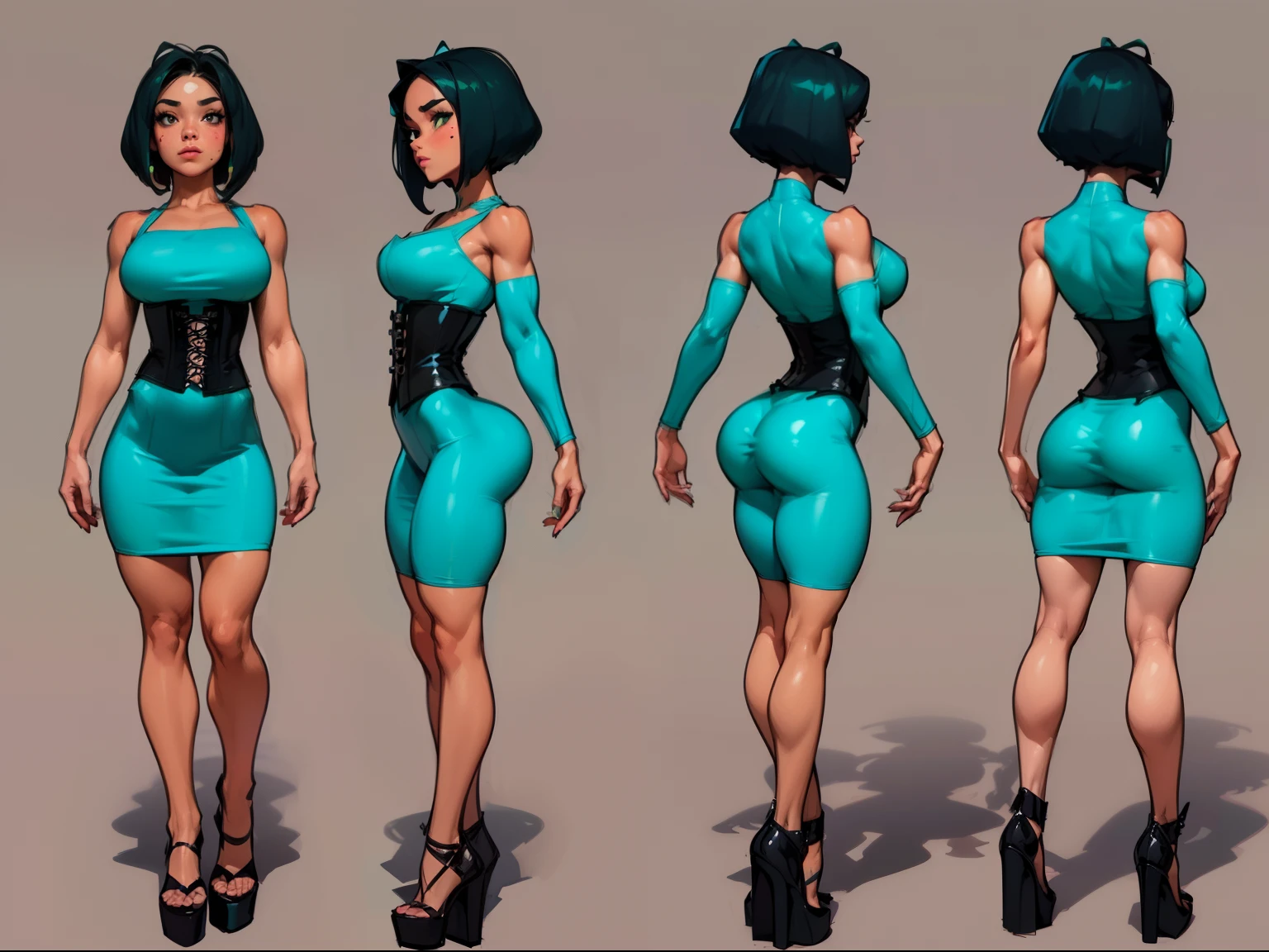 ((masterpiece)),(((best quality))),((character design sheet)), ((full body view)) illustration,1girl, muscular, ((tight green dress:1.2)), buttercup, blue black hair, greendress ((detailed face:1.4)) beautiful woman, blunt bobcut, (black corset:1.2)shiny skin, scribbles and marks, , rough sketches, pose, 8k,16k, (simple background, white background: 1.3)