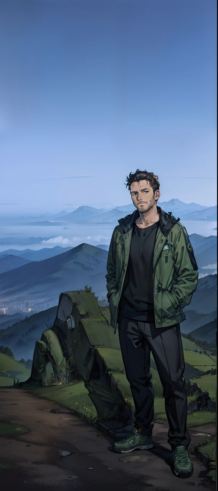 A man, green jacket, have a bag, background city,