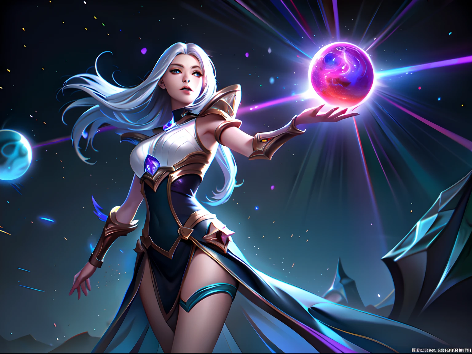 (League of Legends:1.5),Astrid, the Graviton Slinger, is depicted in her splashart as a powerful and enigmatic force, wielding her gravitational manipulation abilities with mastery. The scene takes place in a celestial realm, where stars and cosmic energy illuminate the vastness of space.

Astrid possesses an otherworldly beauty, with flowing silver-white hair that seems to shimmer with the brilliance of distant stars. Her skin has a faint celestial glow, radiating with the power she commands. She wears a sleek, futuristic suit adorned with intricate patterns that resemble constellations and gravitational fields. The suit hugs her figure, emphasizing her strength and agility.

In the center of her palms, Astrid generates orbs of gravitational energy, each pulsating with vibrant hues of purple and blue. These energy orbs form the foundation for her gravitational abilities. Surrounding her, smaller orbs and filaments of energy spin and orbit, representing the gravitational fields she creates and manipulates.

Astrid's eyes emit an intense, piercing gaze, glowing with the same gravitational energy that courses through her. Her expression conveys both focus and determination, revealing her unwavering control over the forces she wields.

The backdrop of the splashart showcases the vast expanse of space, filled with distant galaxies and nebulae. Ethereal strands of gravitational energy weave through the cosmos, forming intricate patterns and connecting celestial bodies. The scene creates a sense of awe and wonder, as Astrid harnesses the fundamental forces of the universe.

The color palette is dominated by deep purples, blues, and blacks, reflecting the cosmic nature of Astrid's powers. The vibrant energy orbs stand out against the dark backdrop, adding a dynamic and captivating element to the splashart, splashart, linhas de corpo, cores vibrantes, detalhes requintados, cinemactic, artstation, rosto detalhado, por rossdraws, por Kienan Laf,normal hands,holding ball,