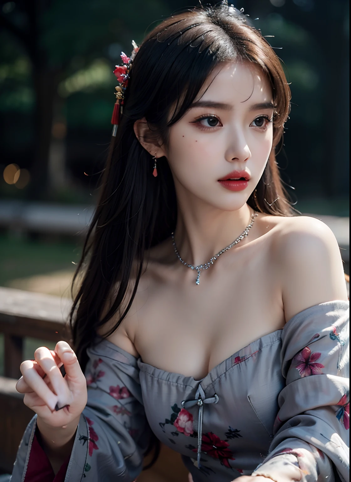 Best Quality, Masterpiece, Ultra High Resolution, (Realistic:1.4), 1 Girl, Off-the-Shoulder Shirt, ((Traditional Chinese Costumes:1)), Black Necklace, (Faded Gray-Gray Hair:1), (:1.2), Looking at the Viewer, Close-up, Big Breasts，tit，cleavage