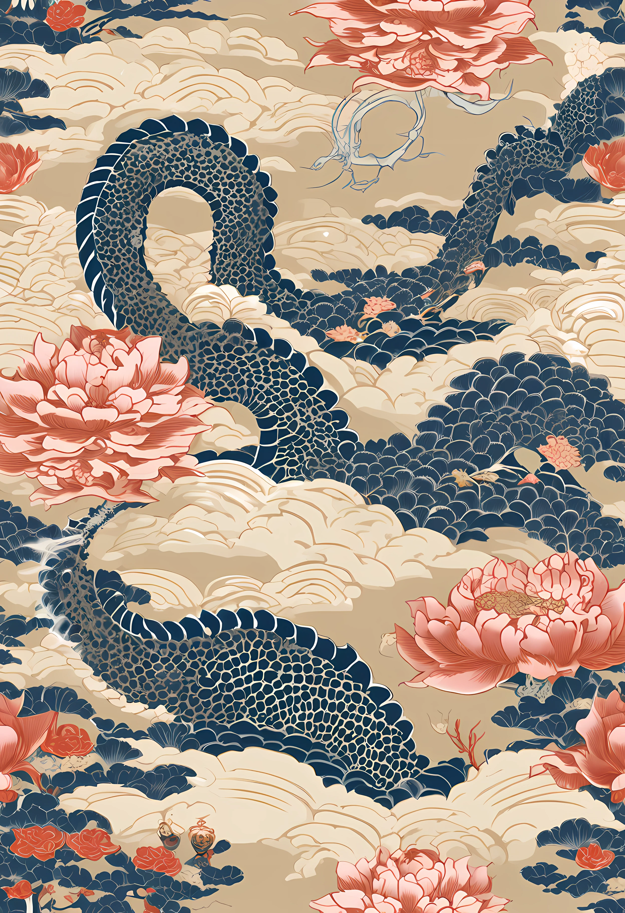 "Envision an enchanting wallpaper pattern composed of a rhythmic arrangement of iconic Japanese symbols, each adding a layer of cultural depth and significance.

The delicate sakura blossom, symbolizing renewal and fleeting beauty, is interspersed among intricate '卍' (manji) symbols, representing harmony, eternity, and the cycle of life.

Mystical 'Dragon' (ryu) dragons coil gracefully amidst swirling clouds, embodying power, transformation, and protection. The torii gate stands resolute, marking the transition from the secular to the sacred.

Elegant kanji characters '愛' (ai) for love, 'Courage' (yuuki) for courage, and 'Peace' (heiwa) for peace, seamlessly integrate into the design, adding profound meaning.

A tranquil pond reflects the moon's serene glow, adorned with '鶴' (tsuru) cranes, symbols of longevity and good fortune. Beneath the surface, 'Sea' (umi) waves ebb and flow, representing life's constant changes.

Bamboo shoots, a representation of resilience and growth, rise gracefully amid the composition. Lanterns sway gently, casting warm illumination and symbolizing guidance.

The color palette harmonizes deep indigos, tranquil blues, and soft whites, creating a sense of serenity and reverence. This intricate wallpaper pattern is a visual journey through the layers of Japanese symbolism, inviting you to immerse yourself in their wisdom and beauty."