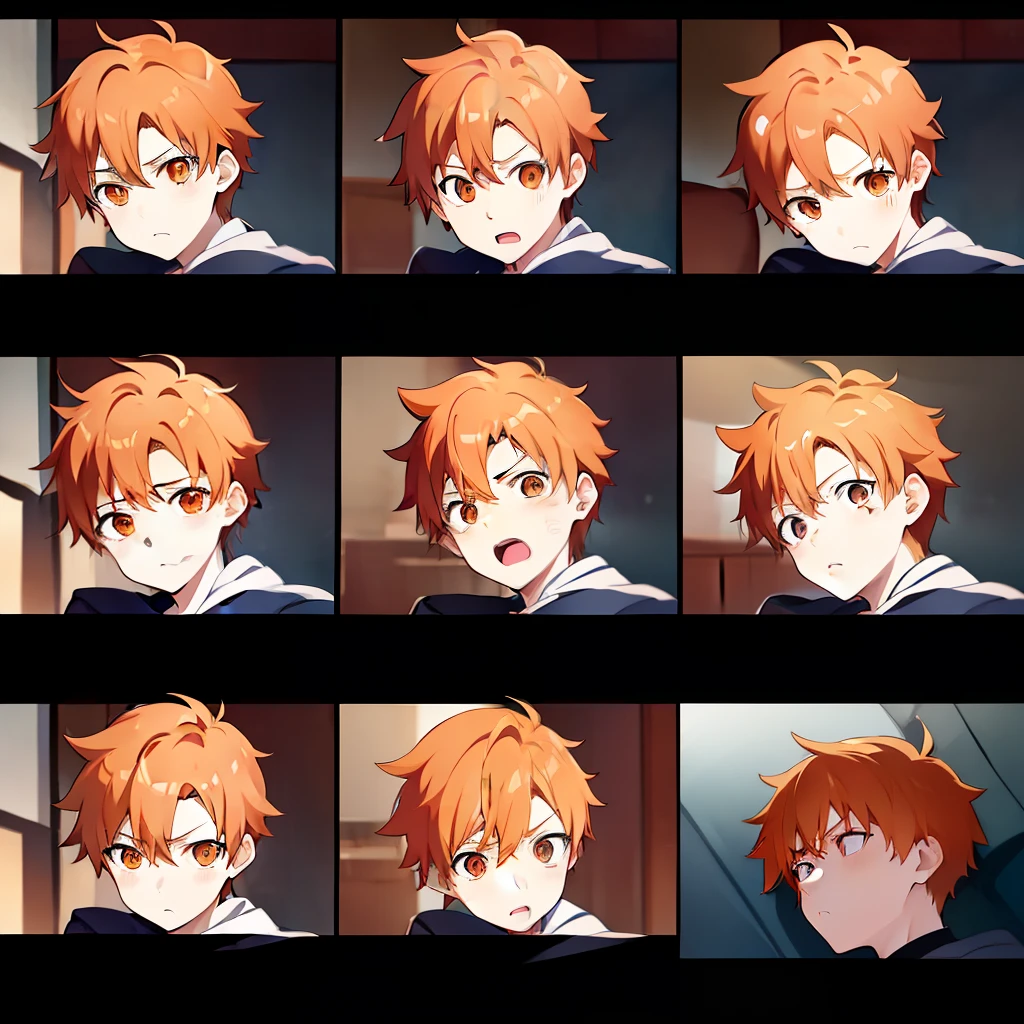 a picture shows a series of pictures of a boy with different expressions, orange - haired anime boy, different expression, zerochan, facial expressions, ██full of expressions██, facial expression, kyoani, expressions, style of kentaro miura!!!!, micro expressions, various emotions, trending on pixiv, detailed facial expressions, pixiv