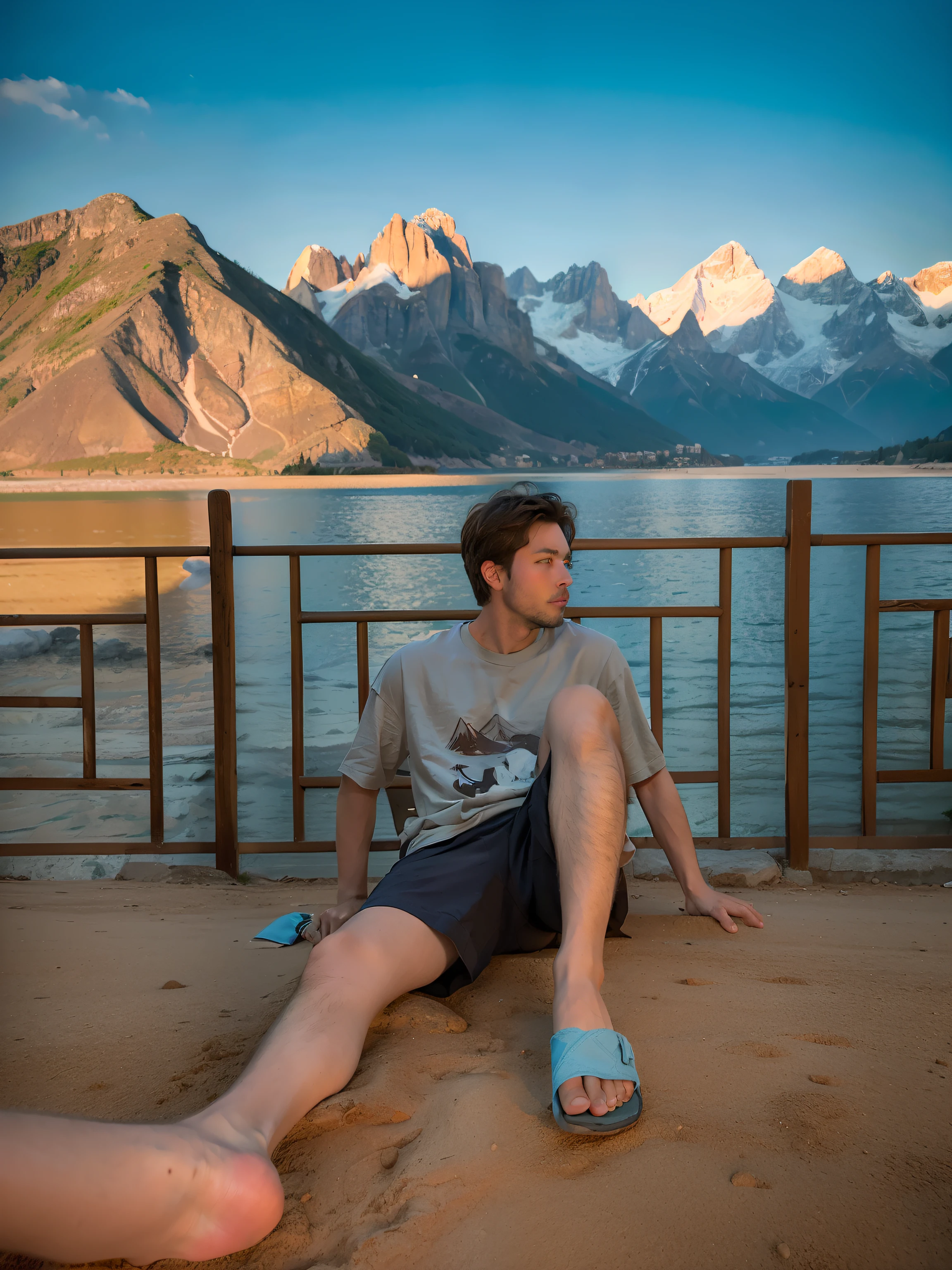 there is a man sitting on the ground with his feet up, with mountains in the background, chill time. good view, moutain in background, hills in the background, with mountains in background, sitting cutely on a mountain, mountain in the background, mountains in the background, in mountains, Middle metaverse, with mountains as background